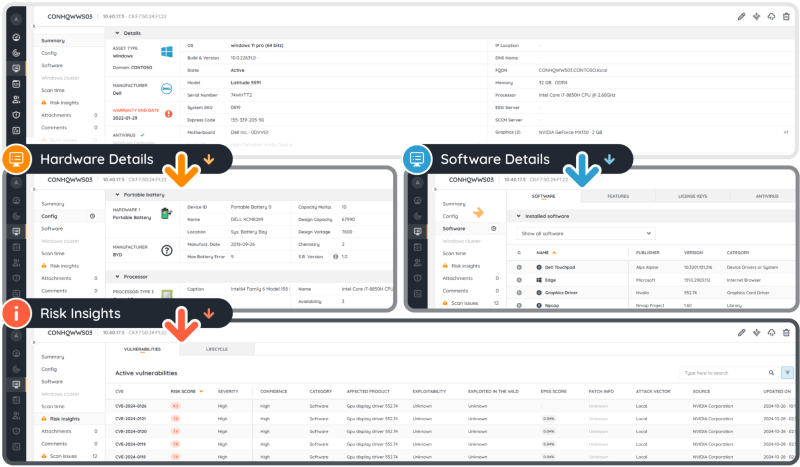 Lansweeper asset discovery dashboard showing hardware, software, and risk insights
