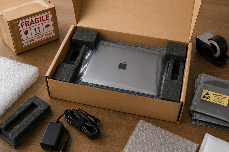 Laptop securely packaged for international shipping with foam inserts, anti-static protection, bubble wrap, and shipping materials arranged around a protective box for safe IT equipment transport.