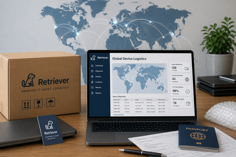 Retriever international device logistics workspace showing laptop shipping dashboard, branded shipping box, global delivery routes, customs paperwork, and cross-border IT equipment management setup.