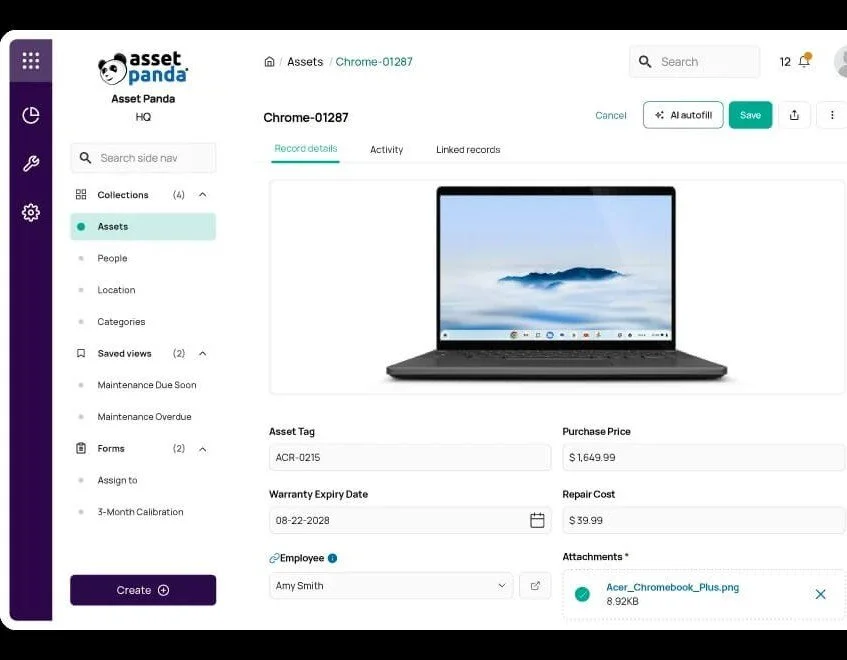 Asset Panda asset tracking dashboard showing device details and asset records
