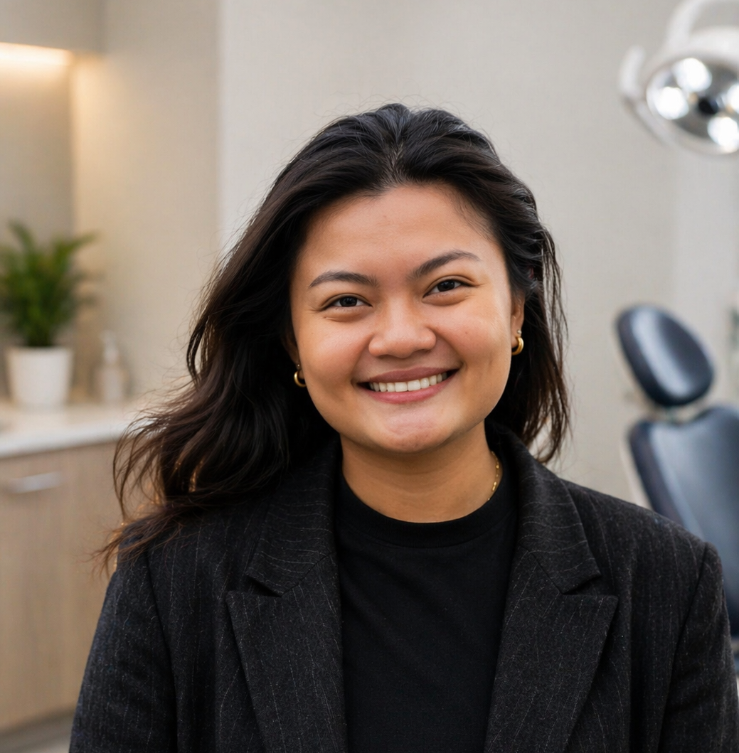 A woman smiling in a professional setting, wearing a black blazer and gold jewelry, with dental chairs visible in the background.