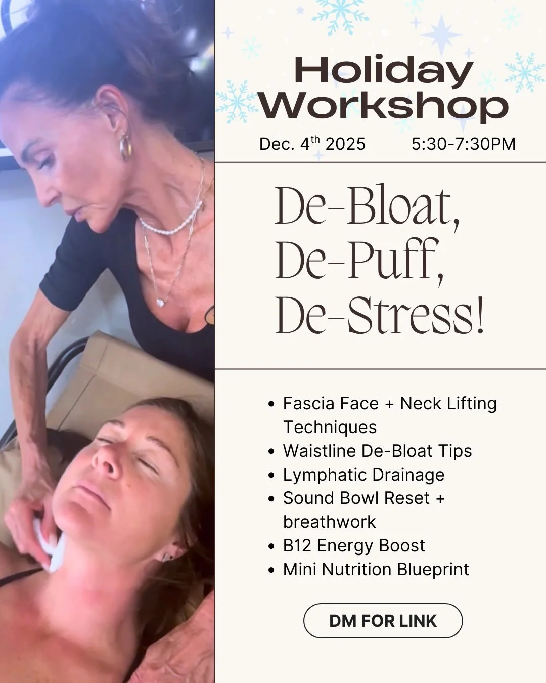 Join us for our holiday workshop on December 4th! Spots are limited so reserve your spot now. It&rsquo;s the perfect recovery from Thanksgiving before more holiday festivities. Here&rsquo;s what to expect:
- fascia &amp; neck lifting techniques
- lym