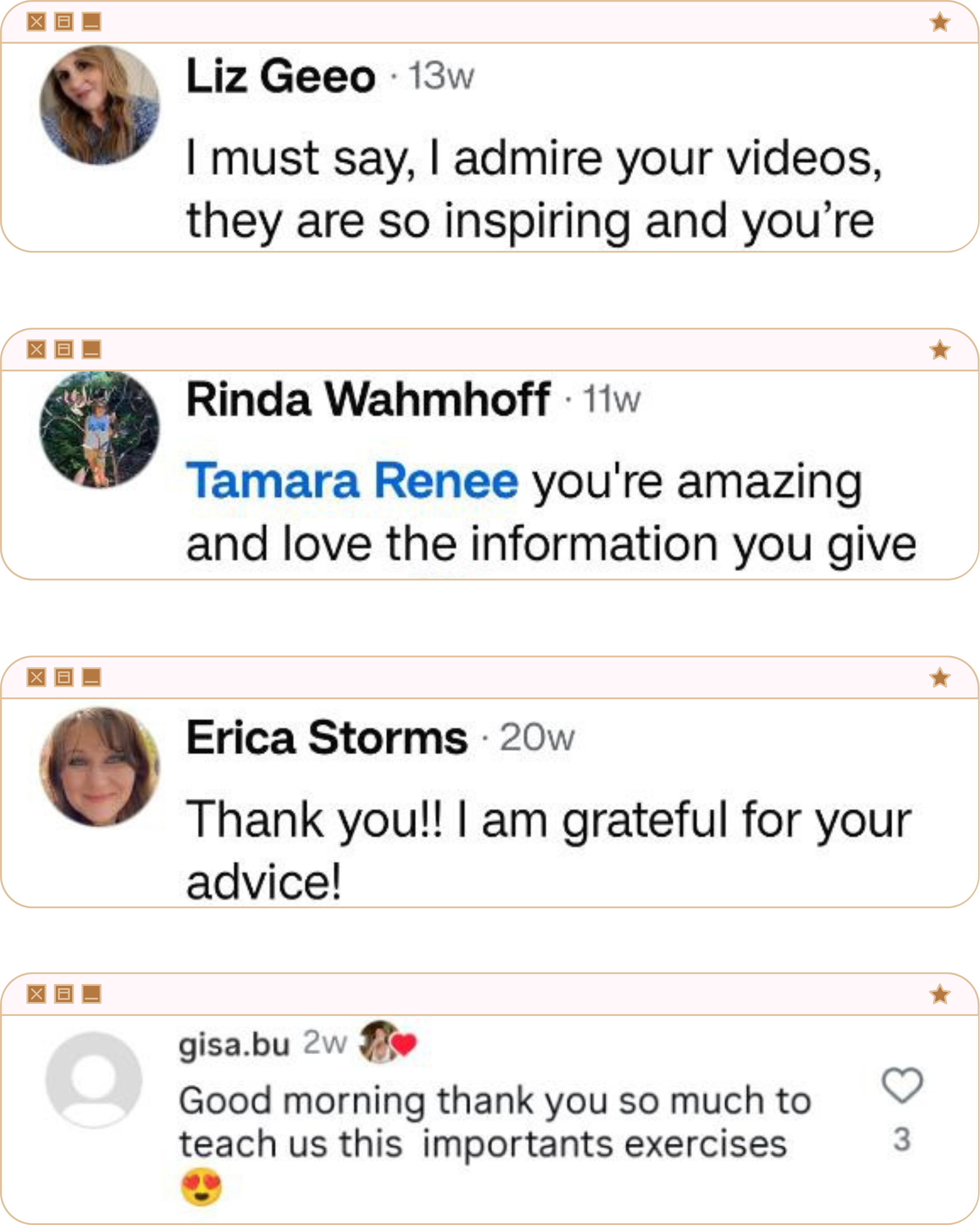 Screenshots of social media comments expressing appreciation and admiration for an individual's inspiring videos and advice.
