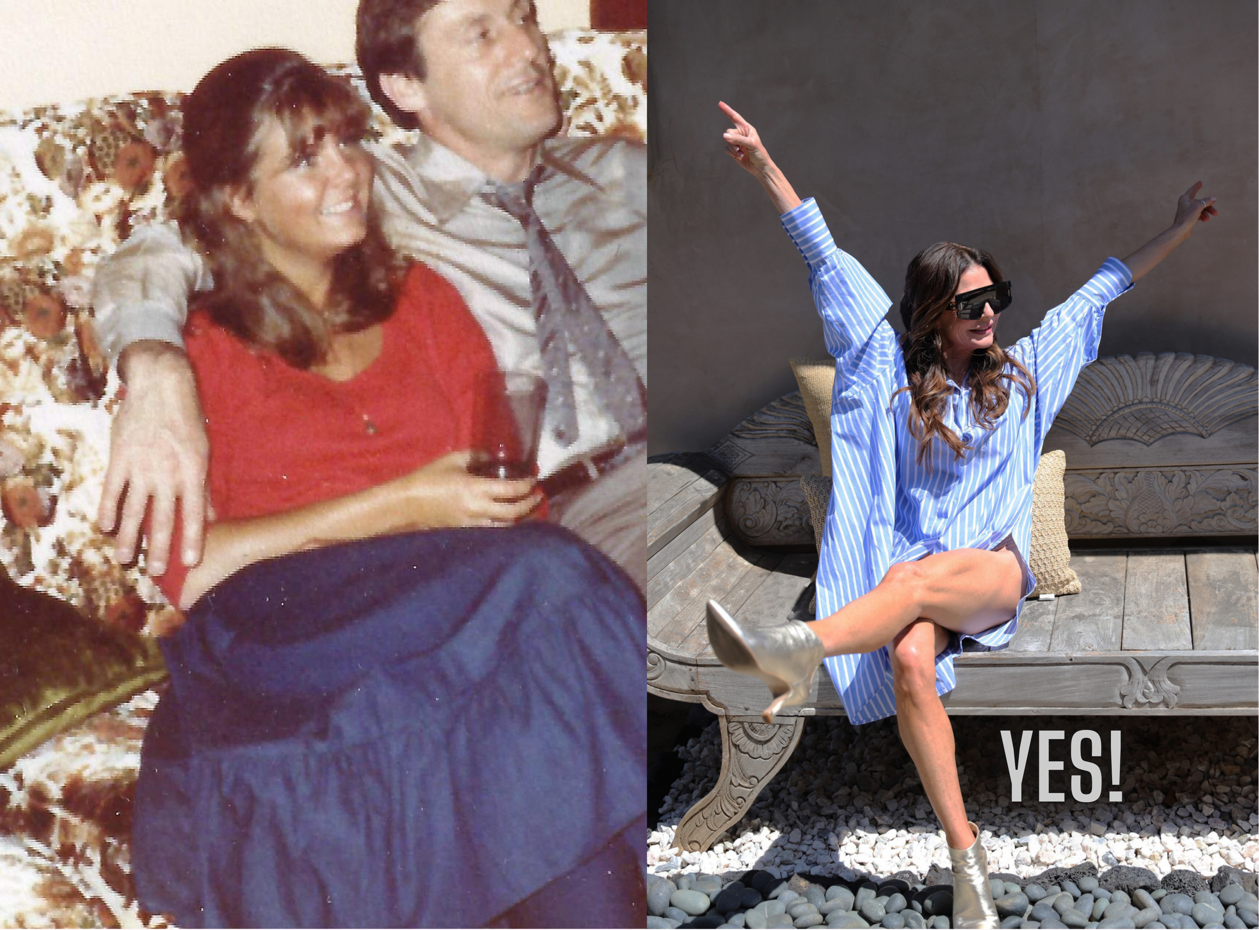 A side-by-side comparison of two women, one in a vintage photo and the other in a modern photo, both sitting on benches outdoors. The woman on the left has red hair, wearing a red top, and holding a drink, while the woman on the right has long brown hair, wearing sunglasses and a blue striped shirt, raising her arms in a celebratory gesture.