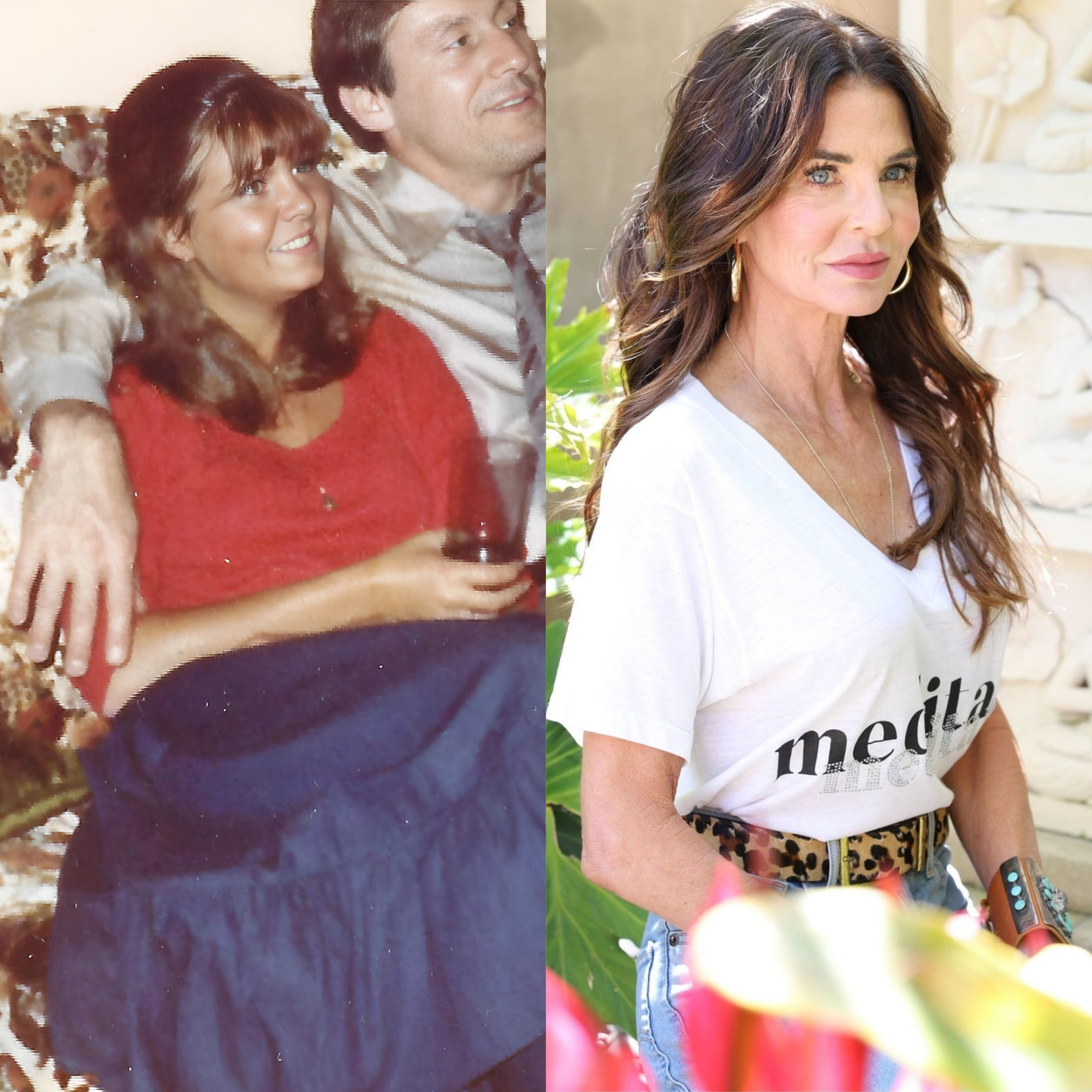 Comparison of a woman in her youth on the left with a woman in her older years on the right. The young woman has reddish-brown hair and is holding a wine glass, wearing a red top, and sitting with a man. The older woman has long, wavy dark hair, blue eyes, hoop earrings, a white t-shirt with text, and stands outdoors near greenery and decorative sculptures.