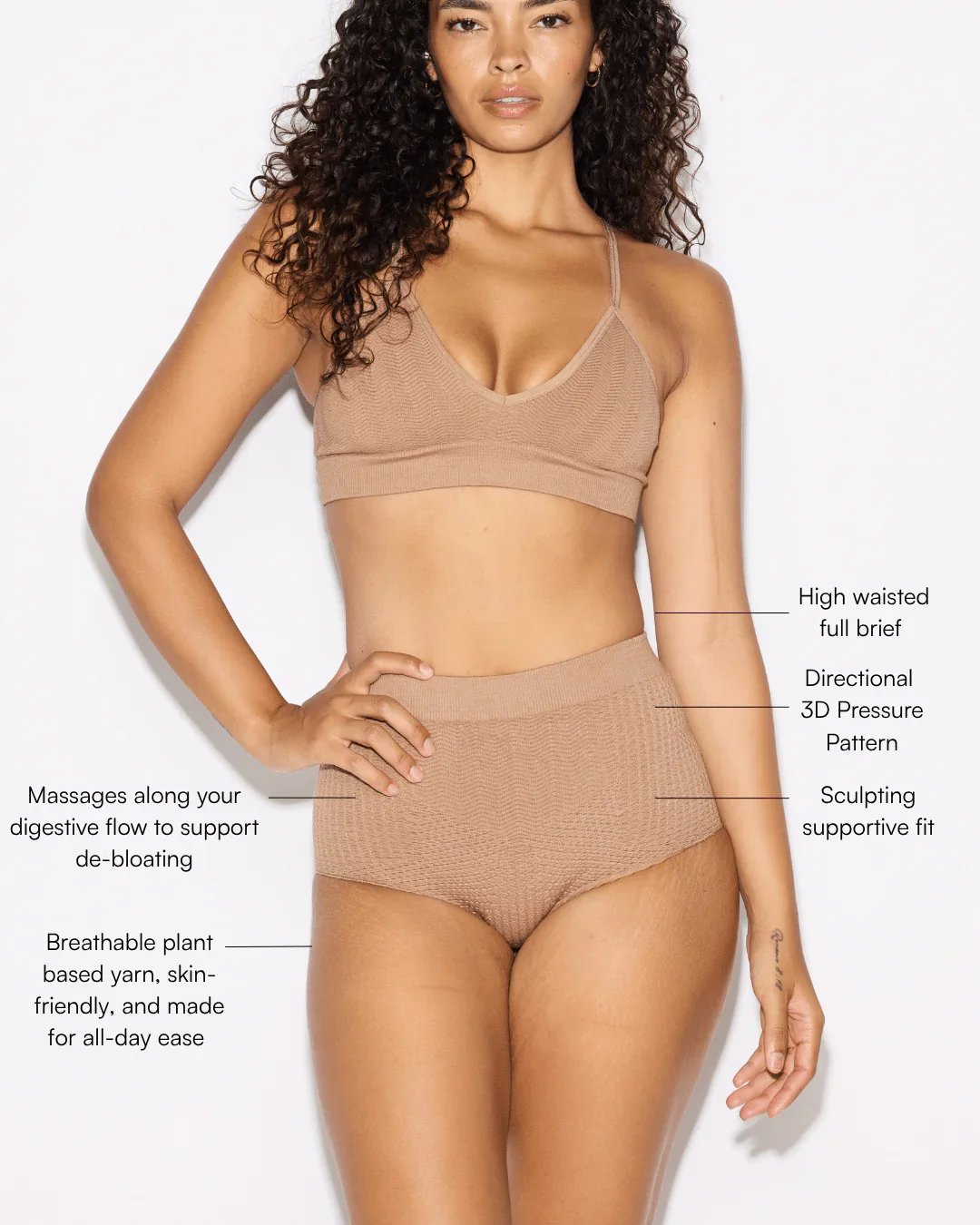 A woman in nude-colored shapewear with annotations highlighting features such as high-waisted full brief, directional 3D pressure pattern, sculpting supportive fit, massages along the digestive flow for de-bloating, and breathable plant-based yarn for all-day ease.
