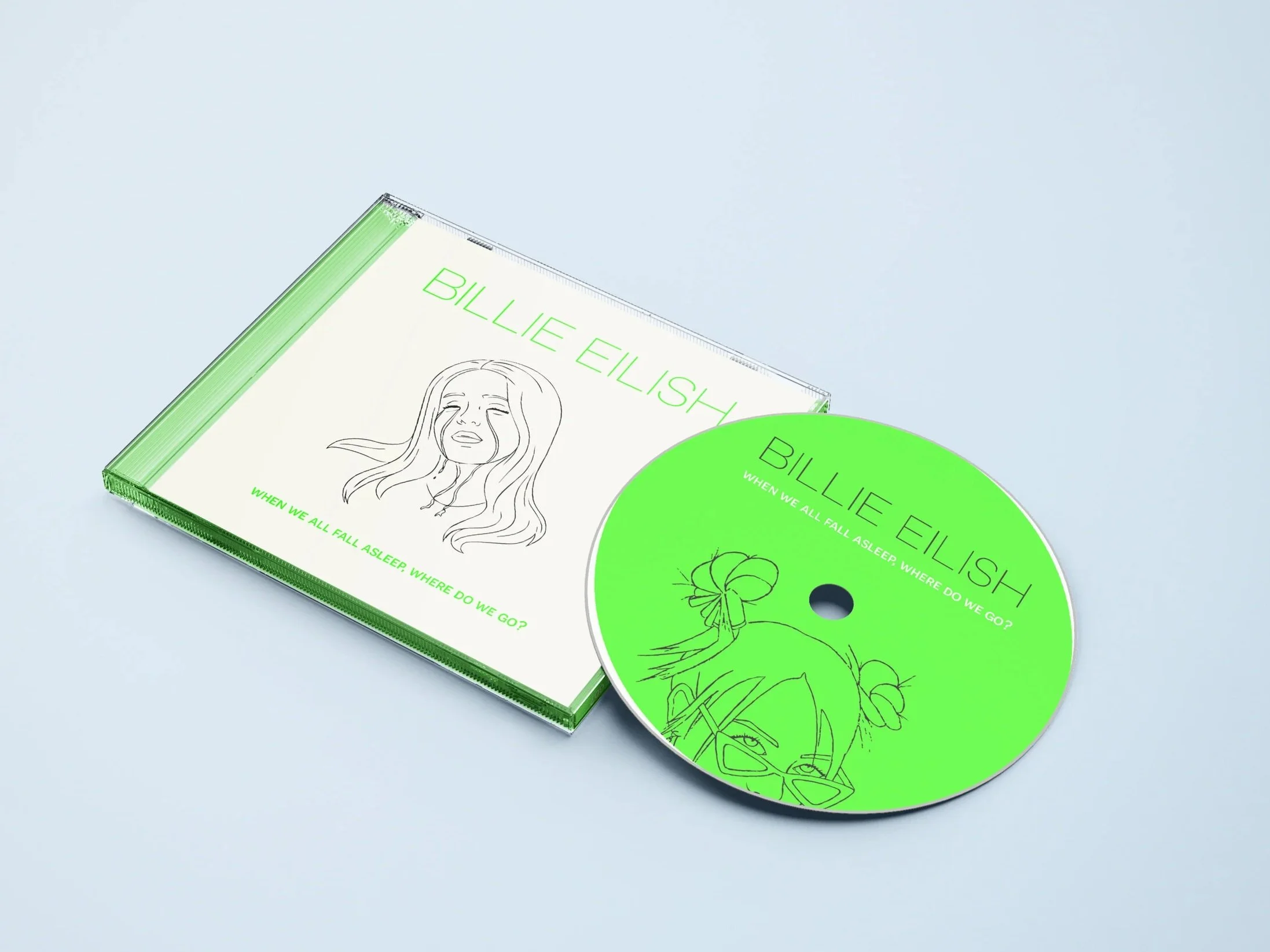 A book with a neon green spine and a matching neon green CD. The book's cover features black line art of a crying woman, and the CD has line art of a rose. Both items have the title "BILLIE EILISH" and the phrase "WHEN WE ALL FALL ASLEEP, WHERE DO WE GO?"