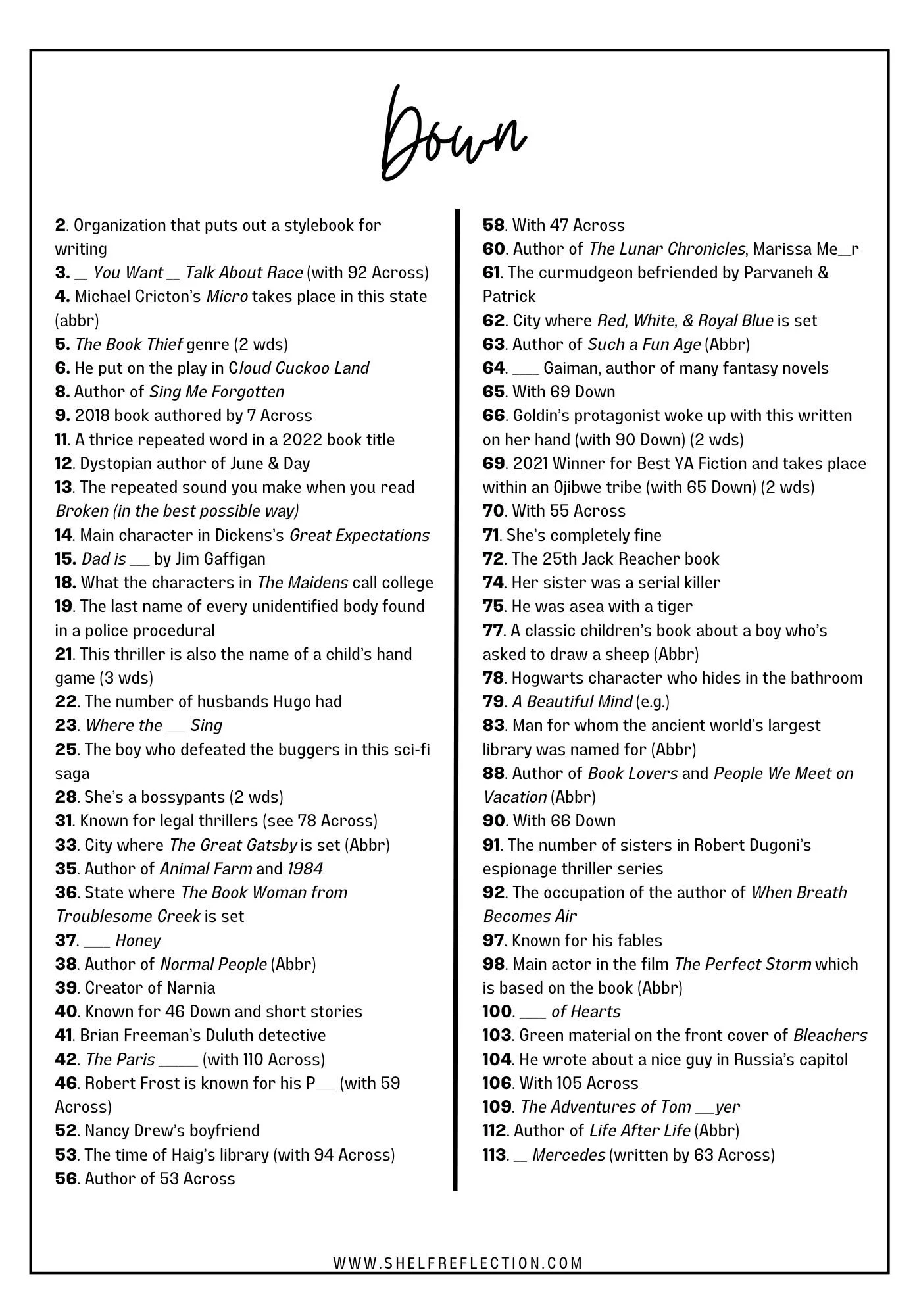 All About Books Crossword Puzzle by Shelf Reflection Crossword Puzzle