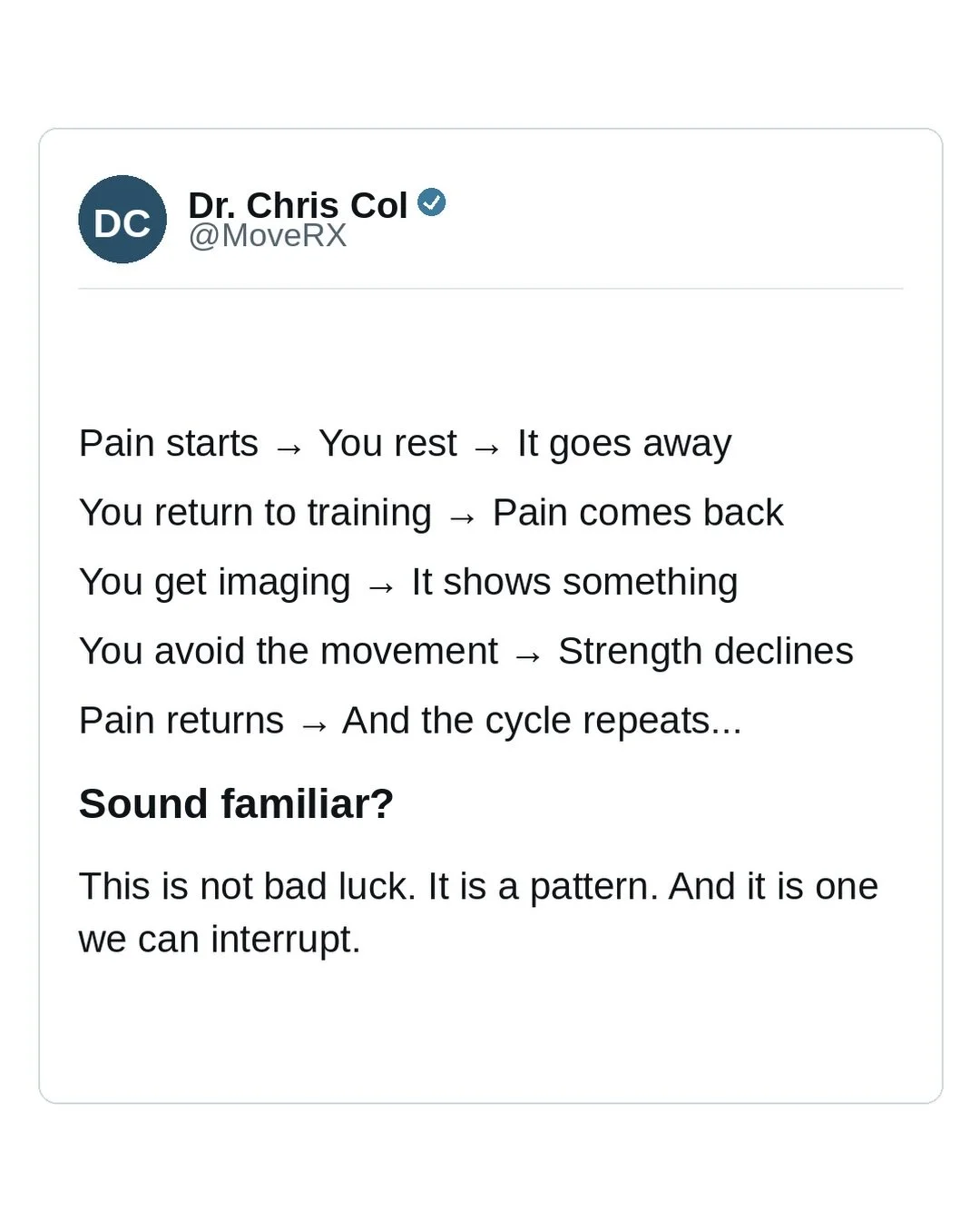 Pain, rest, repeat. If that cycle sounds familiar, it is not a coincidence. It is a pattern. Most people treat pain like a stop sign. Rest until it goes away, return to training, get surprised when it comes back. The missing piece is almost never mor