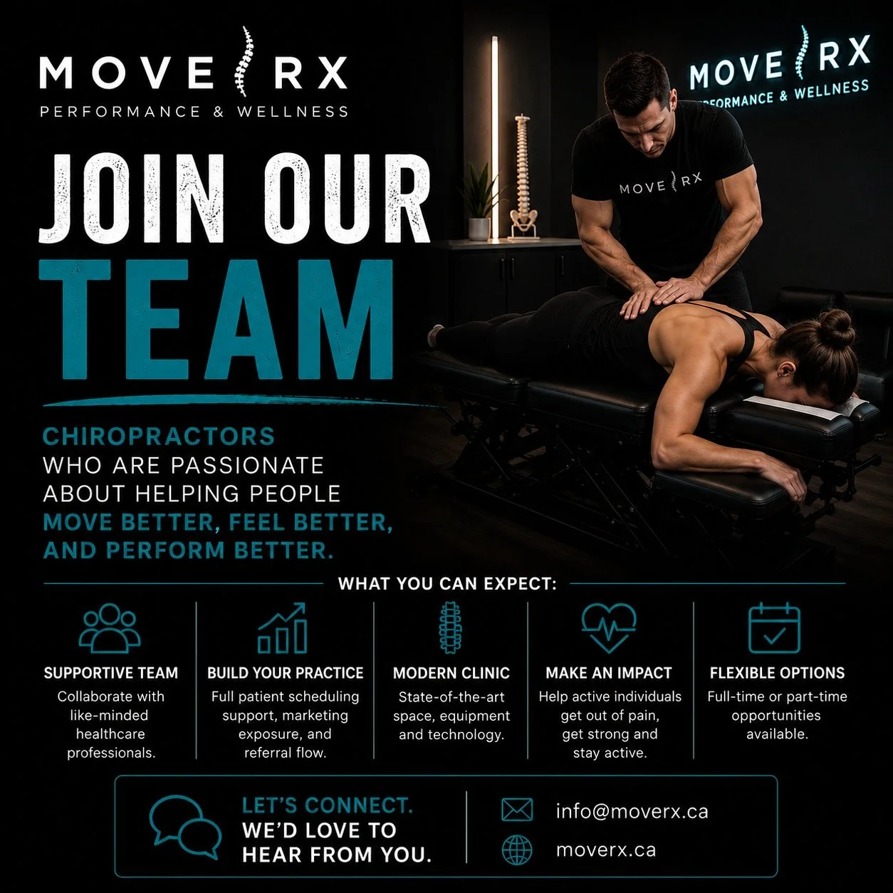 We're hiring 👇

Move RX is growing, and we're looking for a Chiropractor who wants an impactful career, not just a job.

If you're tired of the crack-and-go grind and want to actually integrate rehab, work alongside a real multidisciplinary team, an