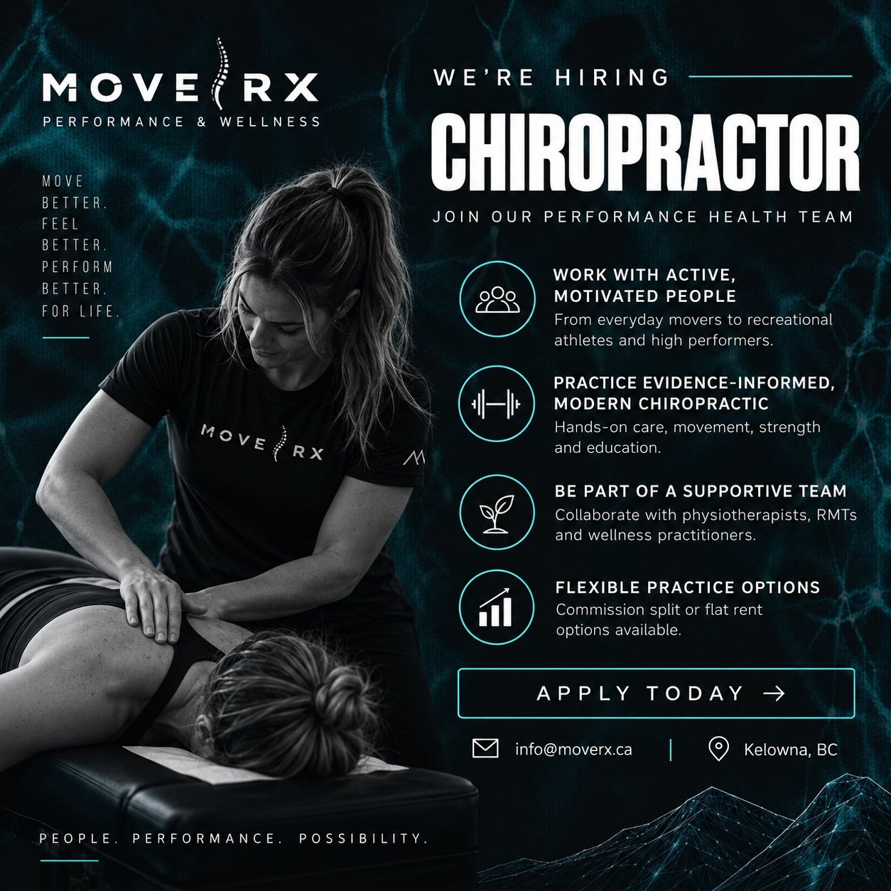 🚨 WE&rsquo;RE HIRING: CHIROPRACTOR

Move RX is growing, and we&rsquo;re looking for the right chiropractor to join our performance rehab team in Kelowna, BC.

We&rsquo;re not a &ldquo;crack-and-go&rdquo; clinic.

We work with active adults and athle