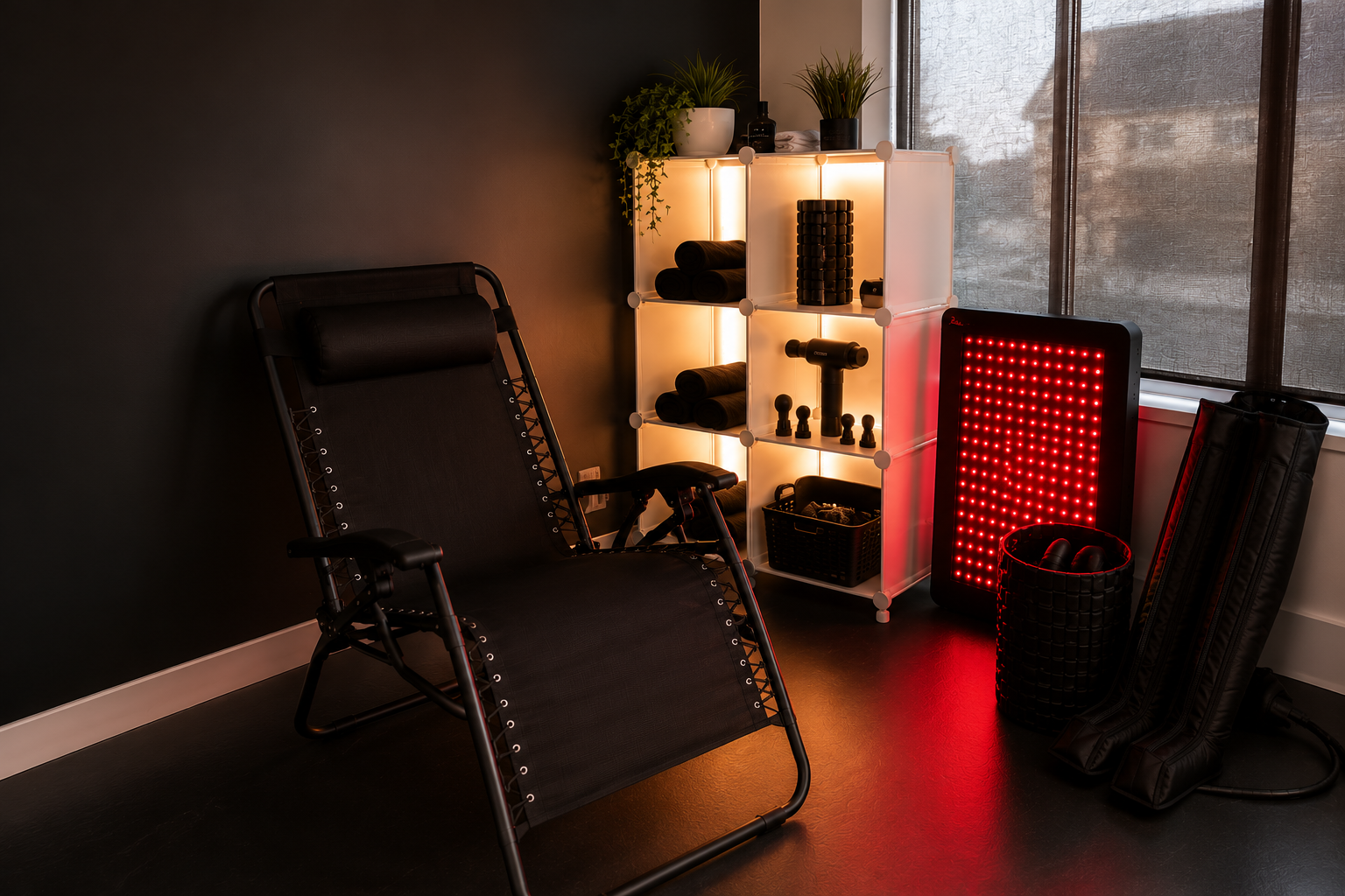 Move RX Recovery Lounge in Kelowna with red light therapy and Normatec compression boots.