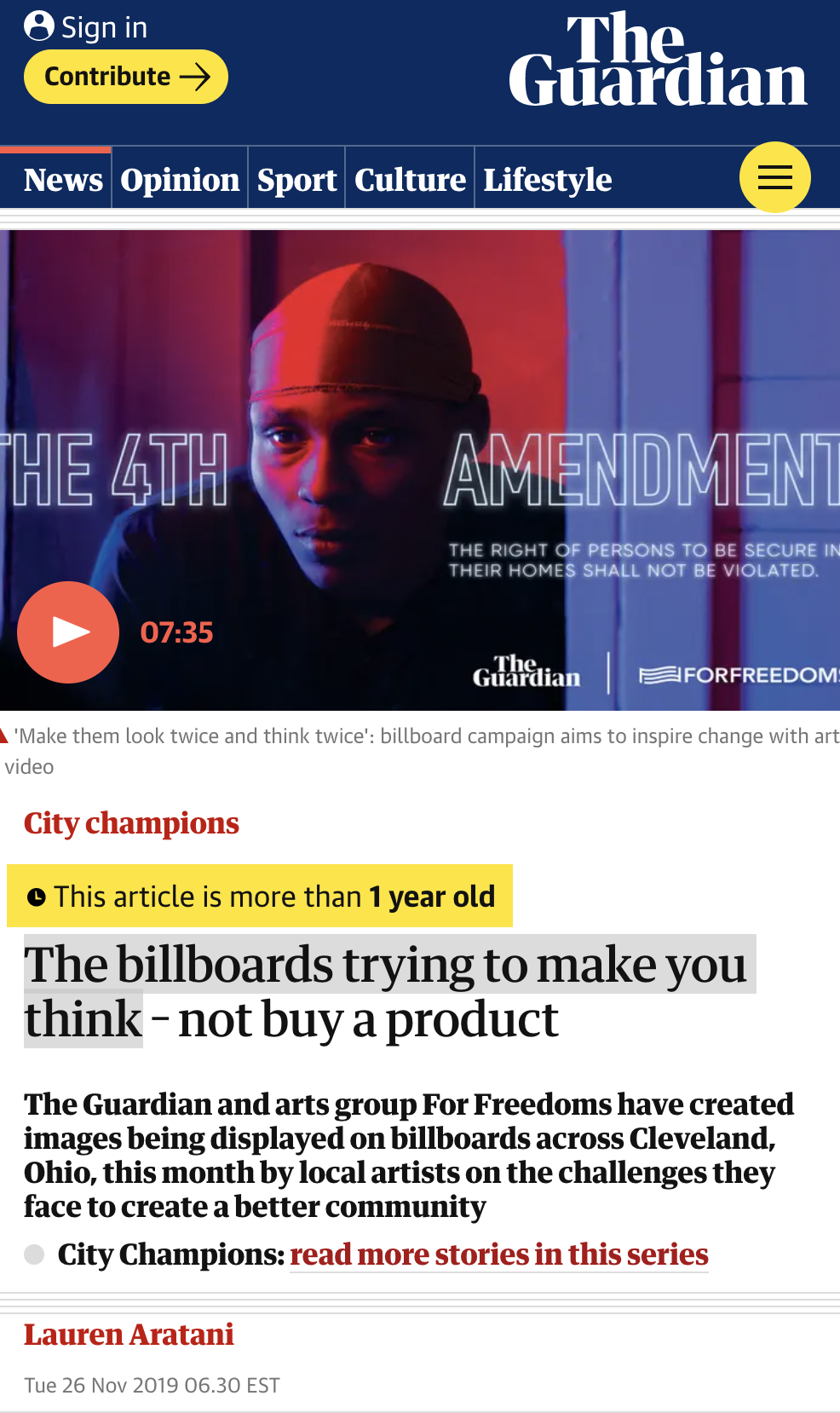Screenshot of The Guardian website featuring a video about the 4th Amendment, with a person wearing a bandana in front of colored lights.