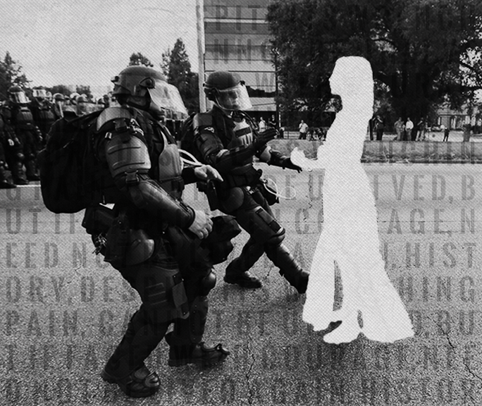 Two police officers in riot gear appear to be spraying a white silhouette of a person holding a bag, created through digital editing, on the street during a protest or demonstration.