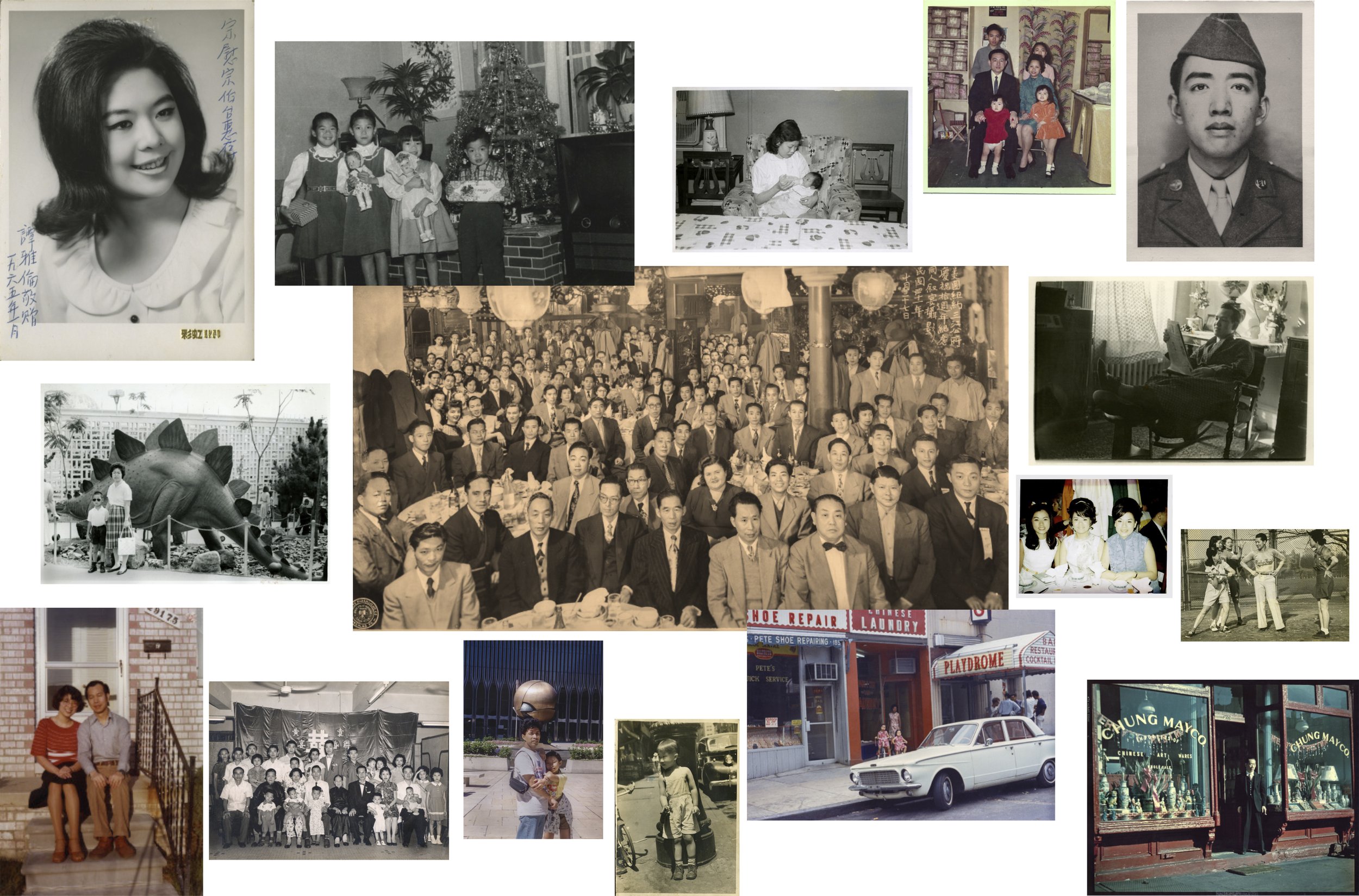 A collage of vintage photographs including portraits of a young woman in the top left corner, family gatherings, children playing, a group of people at a banquet, and various everyday moments from a past era. Some photos are black and white, others c