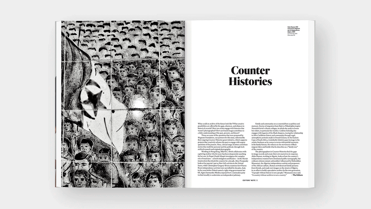 Open magazine spread with black and white photo of a wall covered in bird shapes on the left page and the title "Counter Histories" with the beginning of an article on the right page.