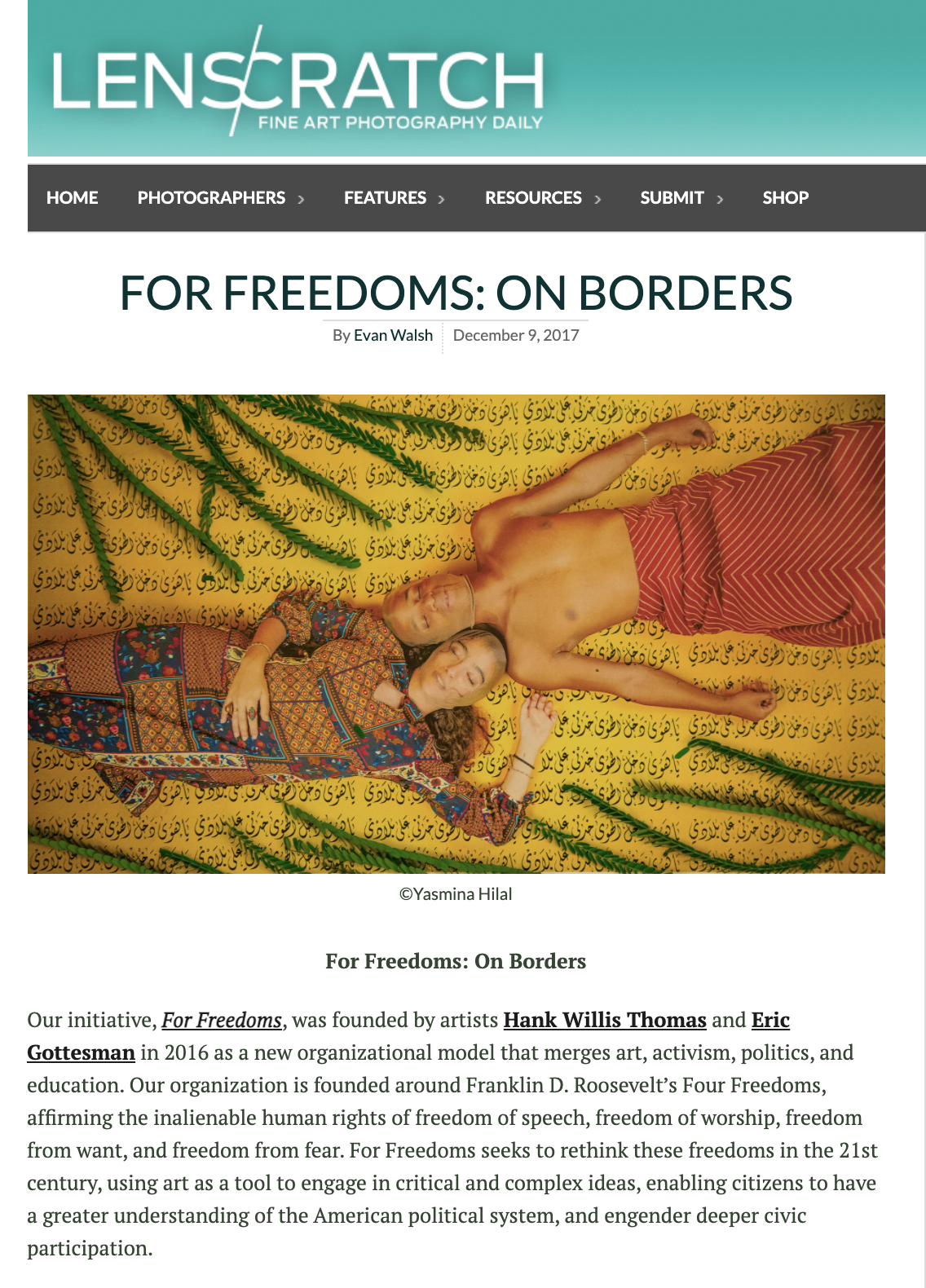 A photo featuring a shirtless man lying next to a woman wearing a colorful patterned dress. They are positioned on a brightly decorated yellow background with black script, and green leaf-like accents. The man has his eyes closed and the woman has he