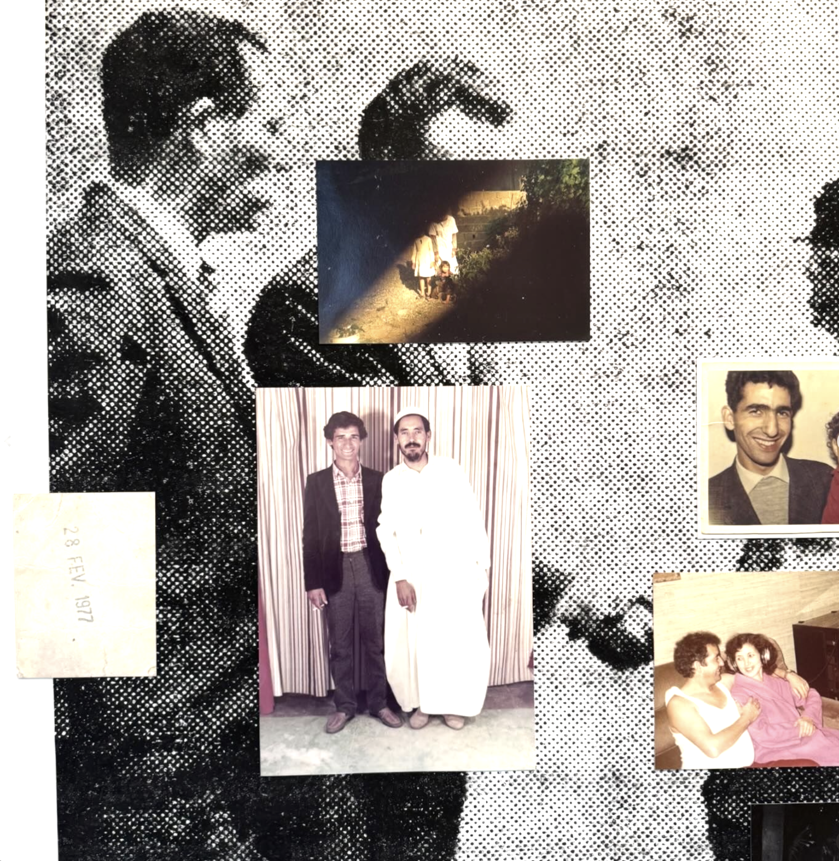 Collage of vintage photographs featuring various people, including a large black-and-white image of children and adults in the background, with smaller color photos of individuals and groups placed on top.