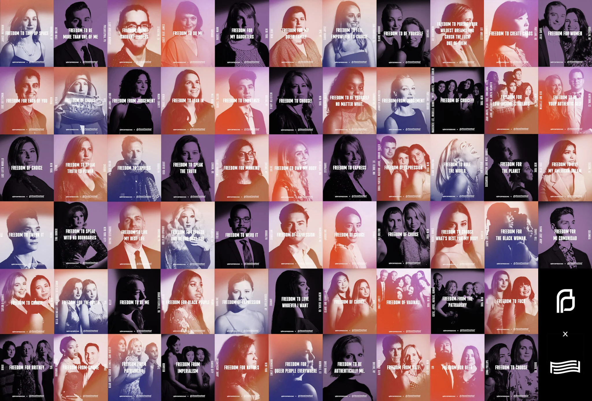 A collage of various individuals, mostly women, with empowering messages about freedom, independence, and self-expression.