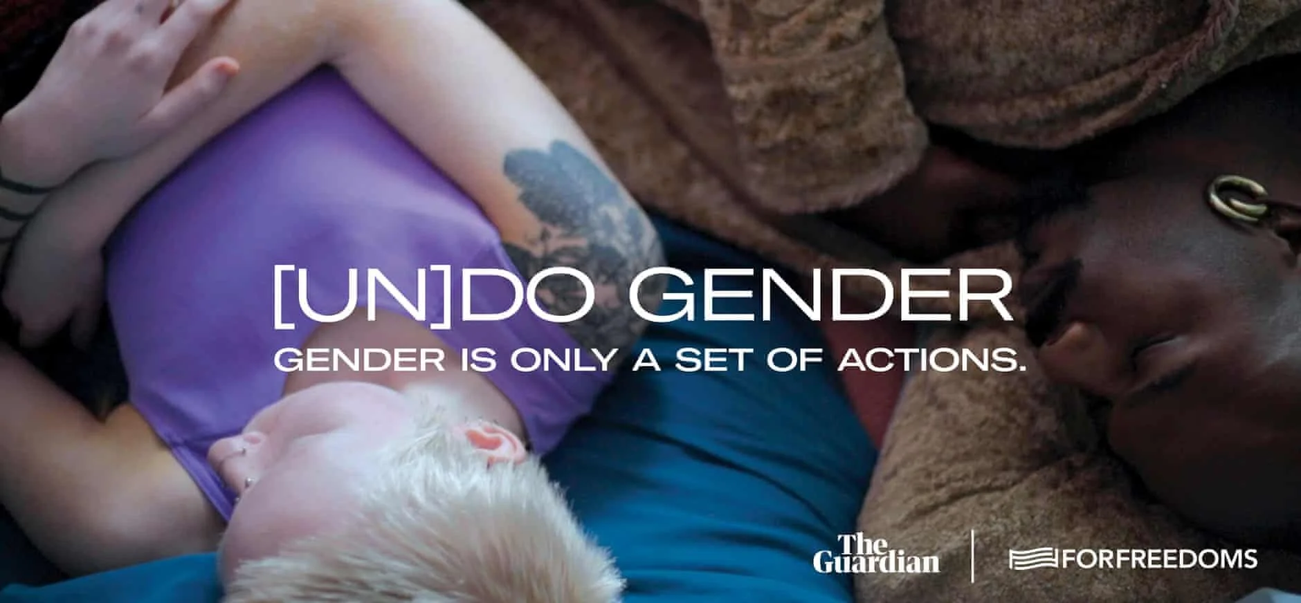 People resting on a bed, with a person lying on their side and a dog close by, with overlay text that reads '[UN]DO GENDER GENDER IS ONLY A SET OF ACTIONS'.