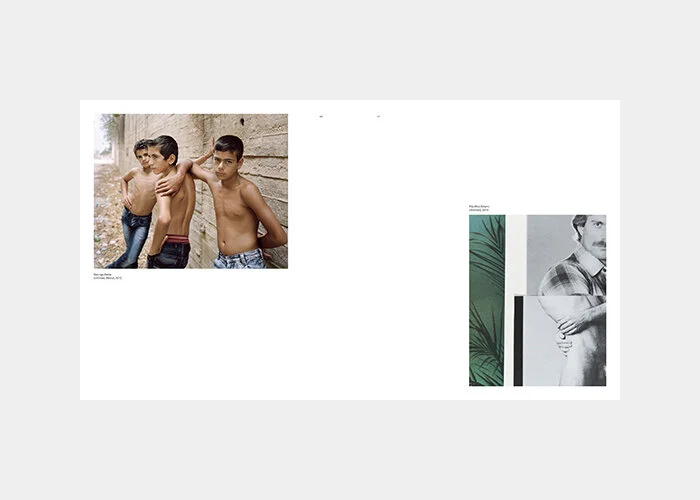 A collage with two groups of photos. On the left, three shirtless boys standing outdoors against a concrete wall, one with his hand on the other's shoulder. On the right, a collection of three monochrome images of a man showing different body parts, 
