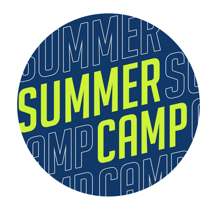 Circle logo with the text 'Summer Camp' in large lime green letters, overlapping a background of blue with repeated white outlines of 'SUMMER CAMP' in smaller font.