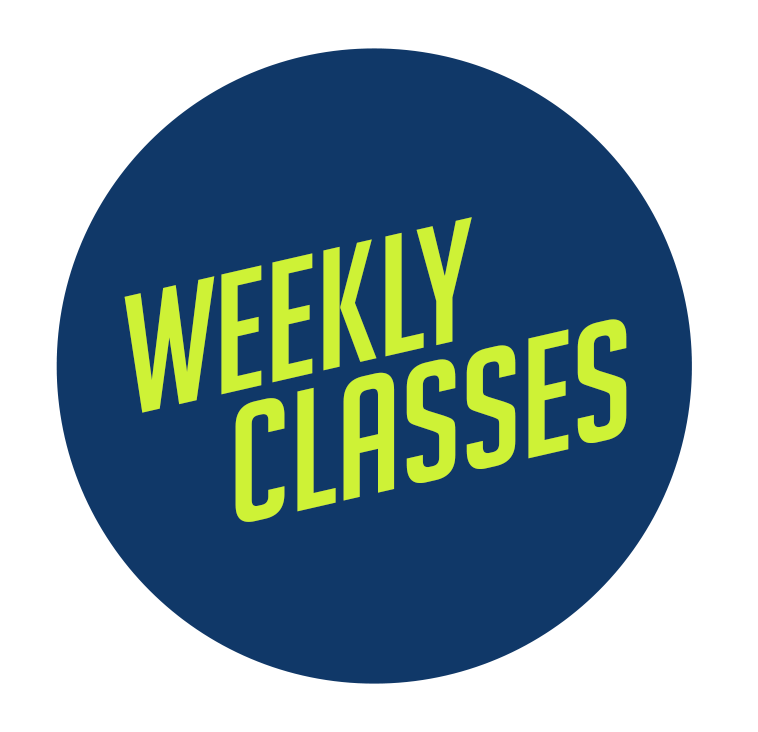 A circular graphic with a navy blue background and lime green text reading 'WEEKLY CLASSES'.