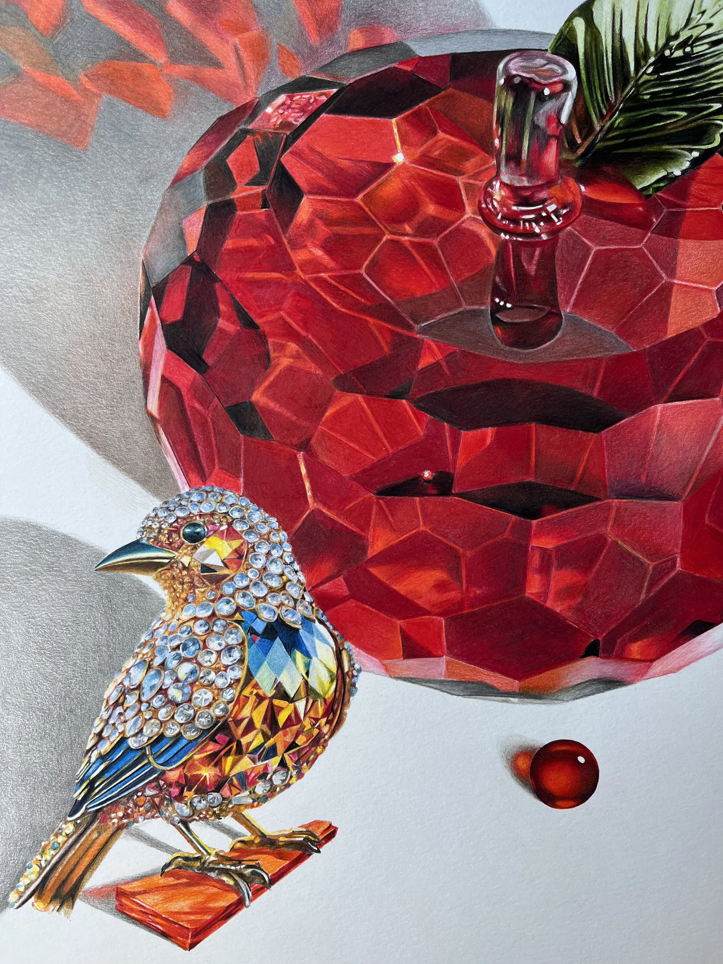  Glass Apple and Jewel Bird.  ,br Colored Pencil   22" x 22"   $550 in black metal frame