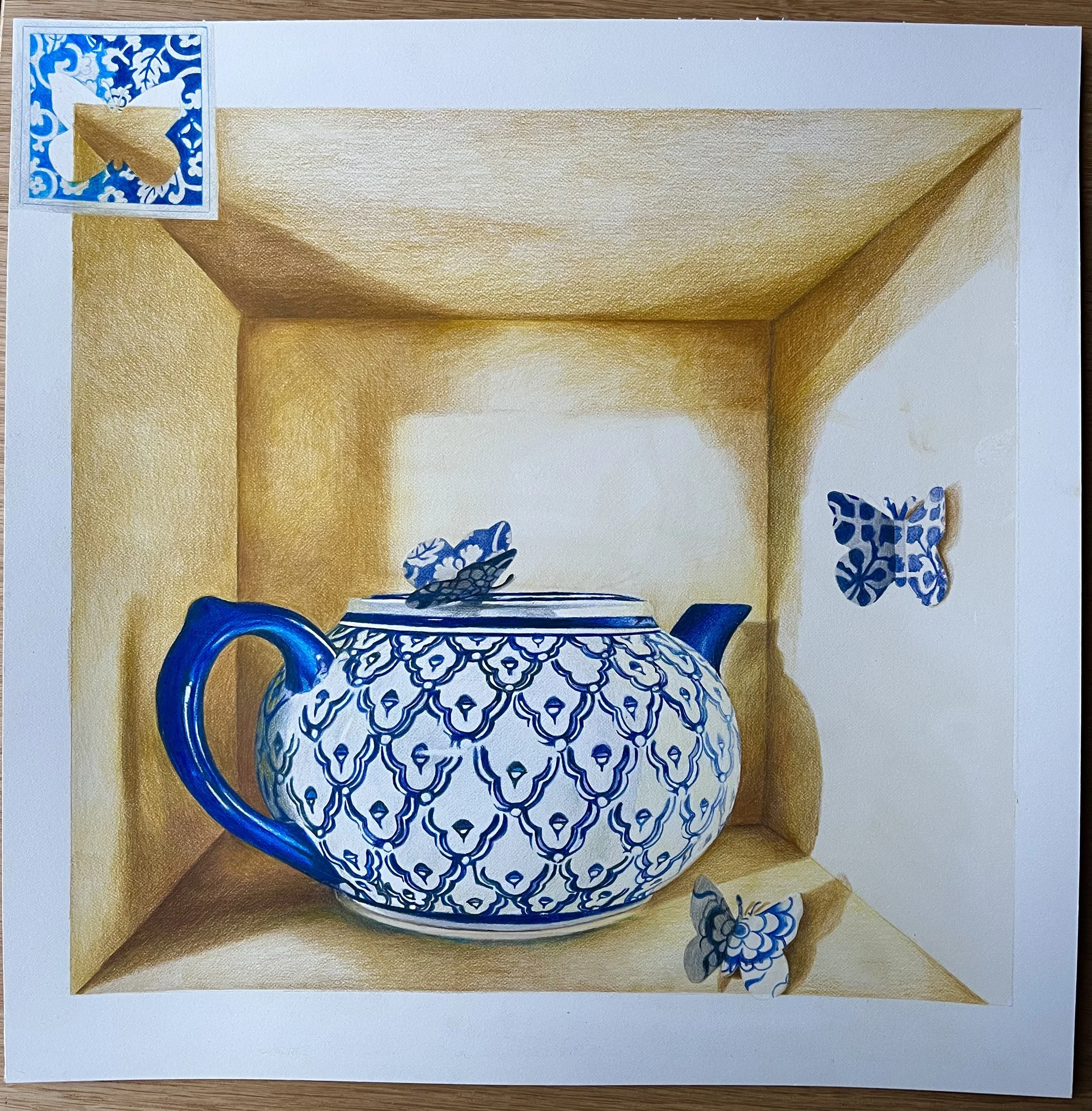   Old teapot and butterflies    Colored pencil and watercolor  
16" x 16"  $414 with black metal frame.
