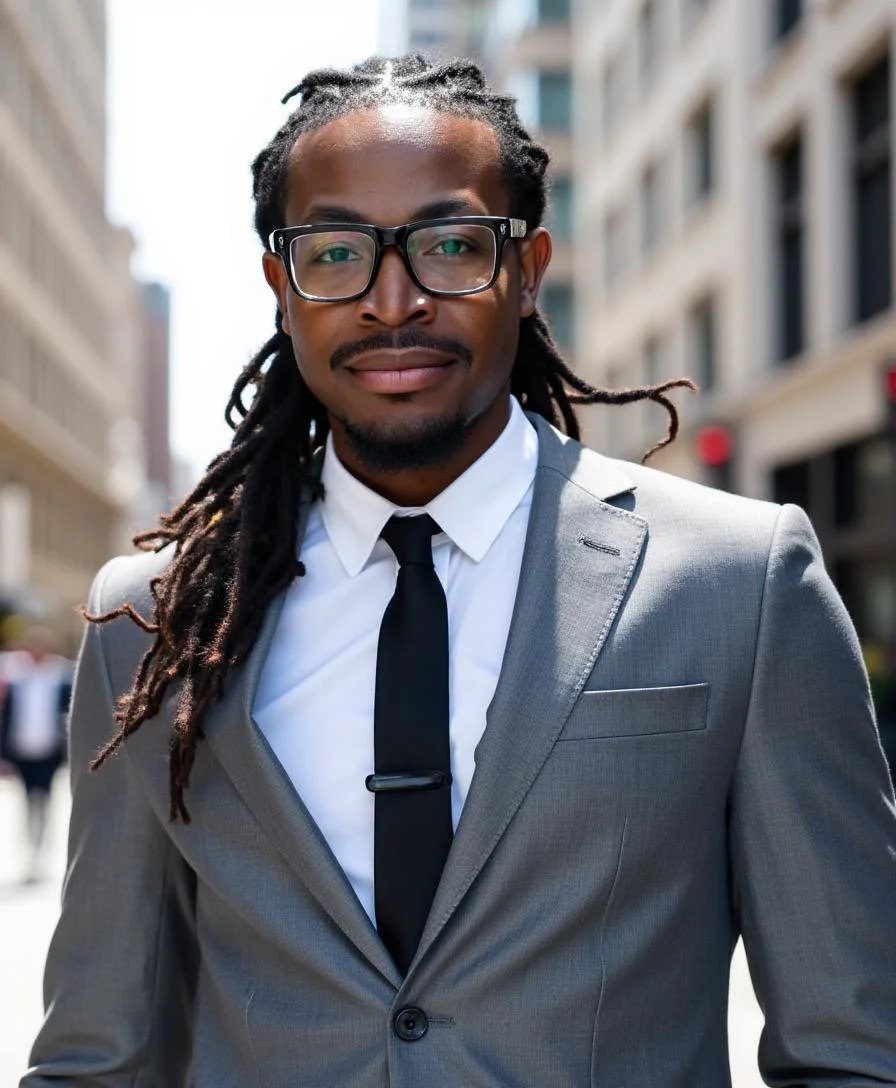 A smiling man with dreadlocks, glasses, and a beard wearing a navy blazer and holding a camera against a plain white background.