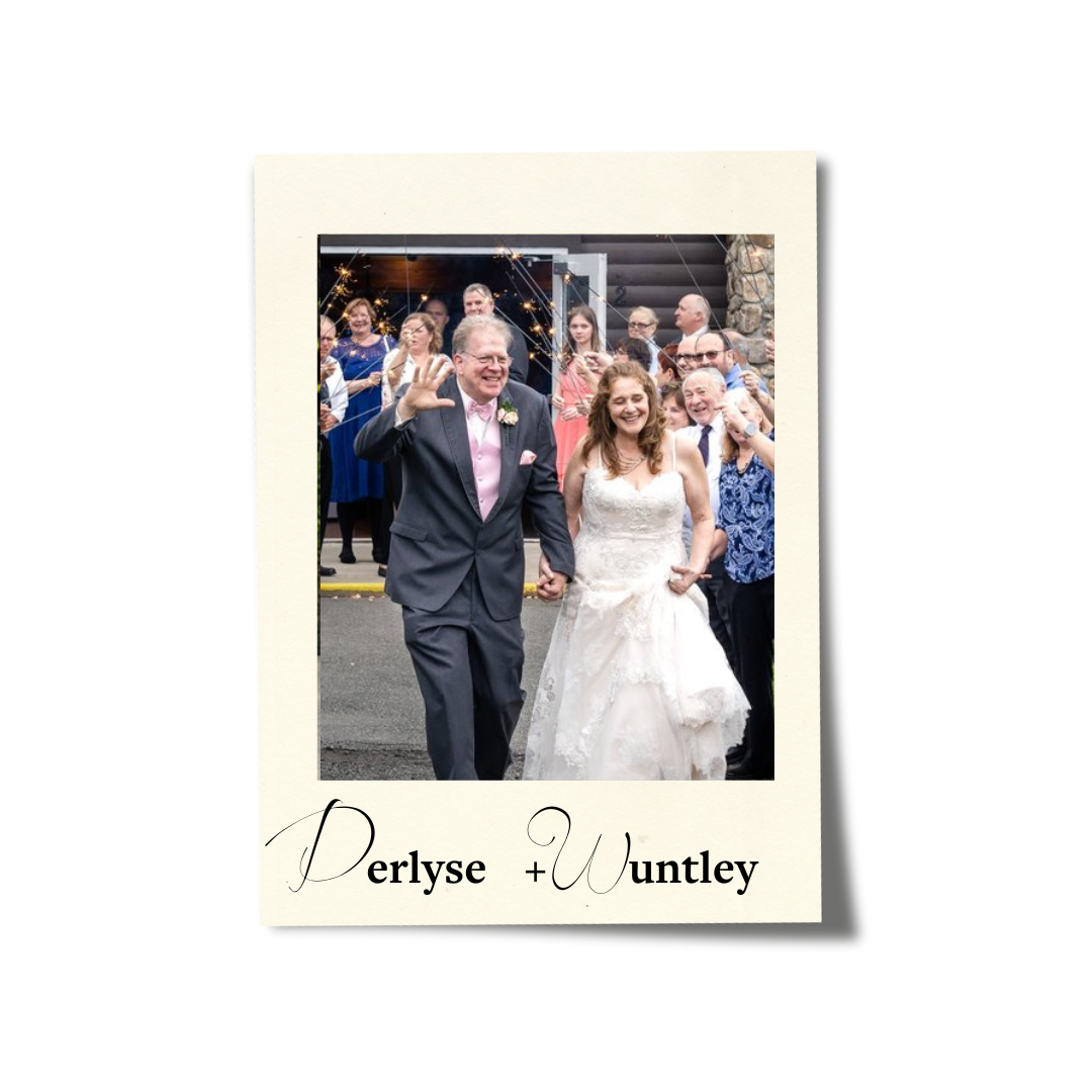 Wedding photo of a bride and groom walking hand in hand, smiling, with guests in the background, labeled with the names Derlyse and Wuntley.