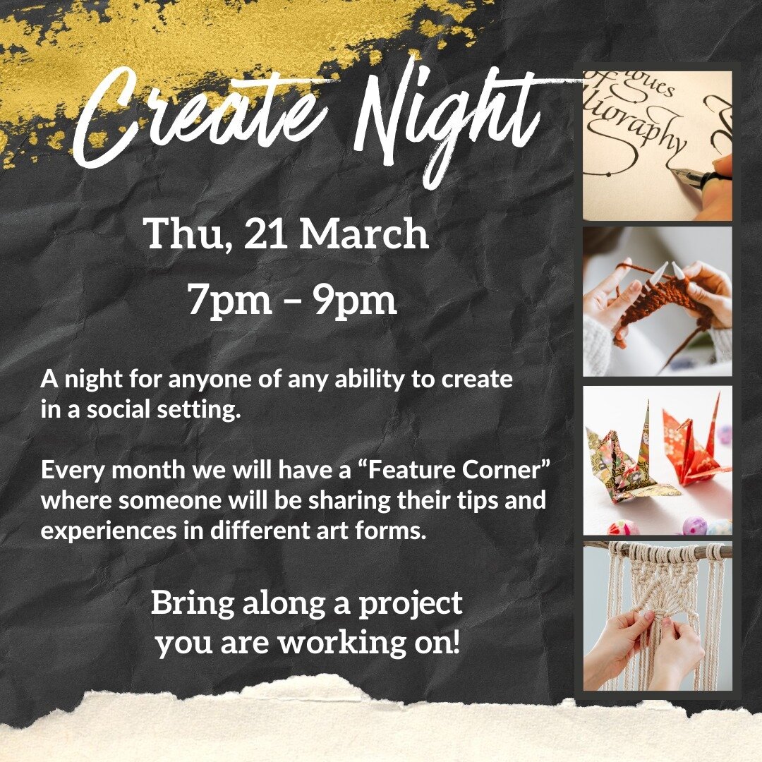 Create Night 🎨✒️ ||
Join us next week, 21 March, for an evening of creativity and community.
&bull;
From painting and drawing to crocheting and crafting &ndash; this is a chance for anyone* of any ability to create in a social setting.
Bring along y