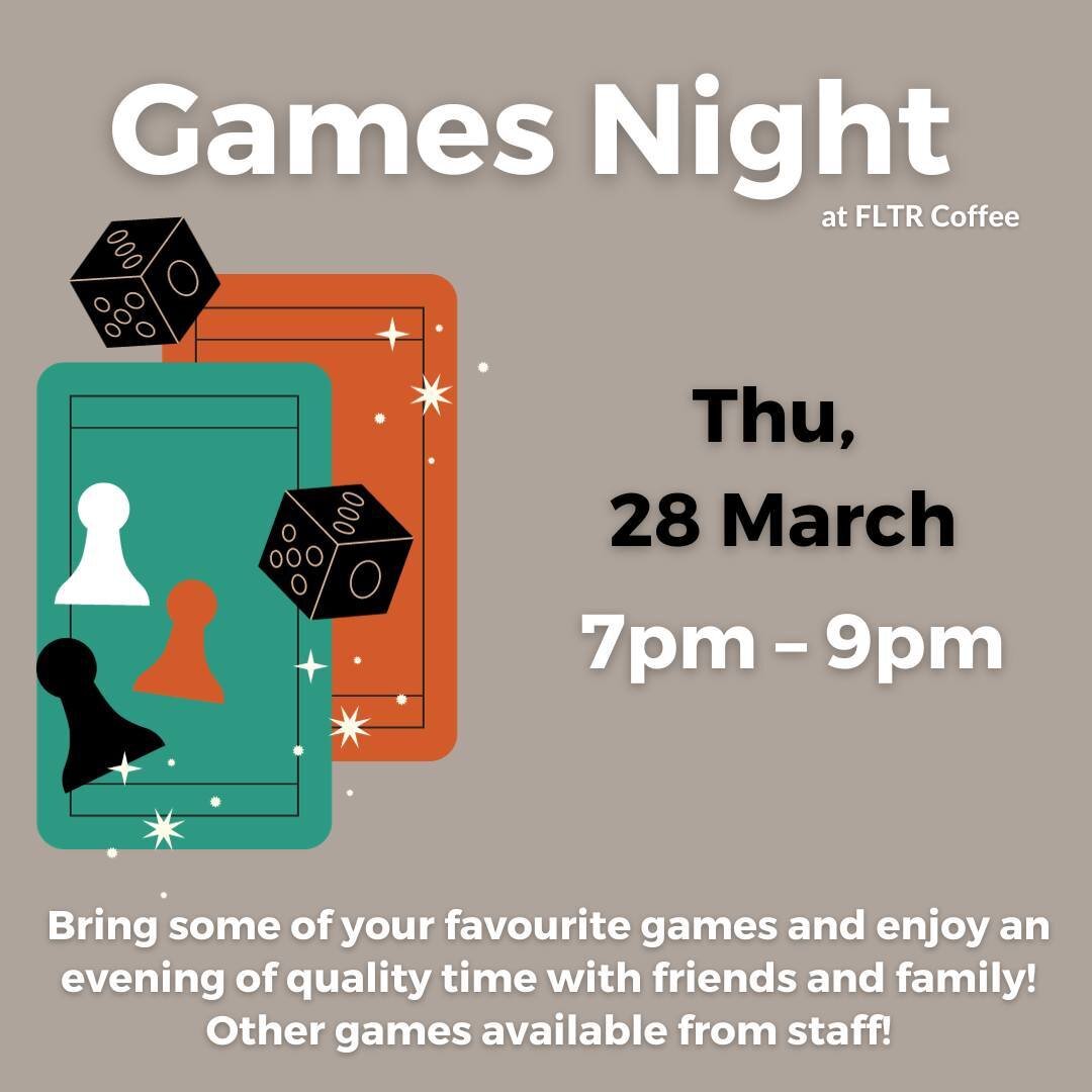 Games Night 🎲♟||
Join us on next week, 28 March!
7&ndash;9pm
&bull;
Bring some of your favourite games and enjoy an evening of quality time with friends and family!
Espresso machine is on so we're making some drinks as well!
#fltrcoffee #gamesnight 