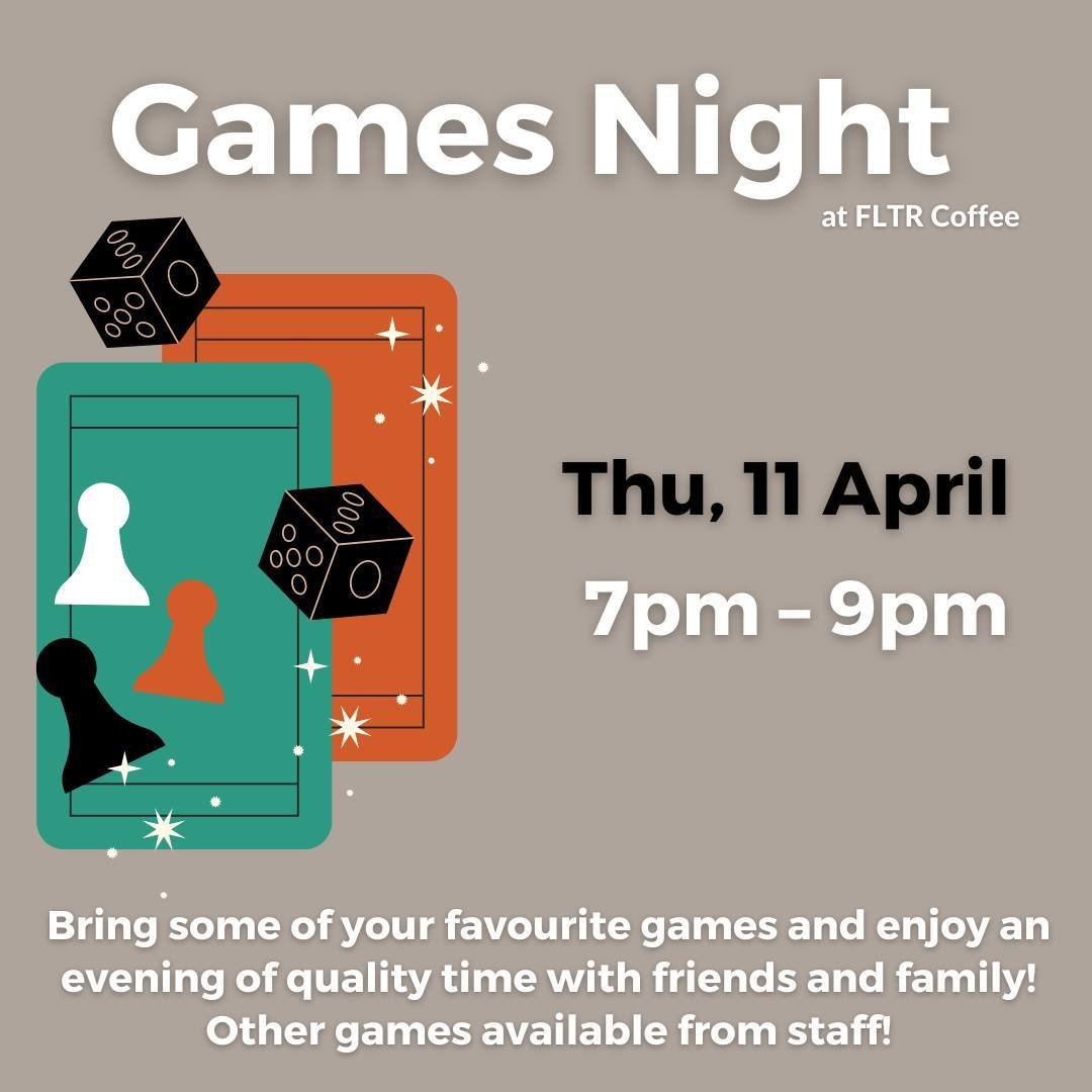 Games Night 🎲♟||
Come join us this Thursday, 11 April!
7&ndash;9pm
&bull;
Bring some of your favourite games and enjoy an evening of quality time with friends and family!
Espresso machine is on so we're making some drinks as well!
#fltrcoffee #games
