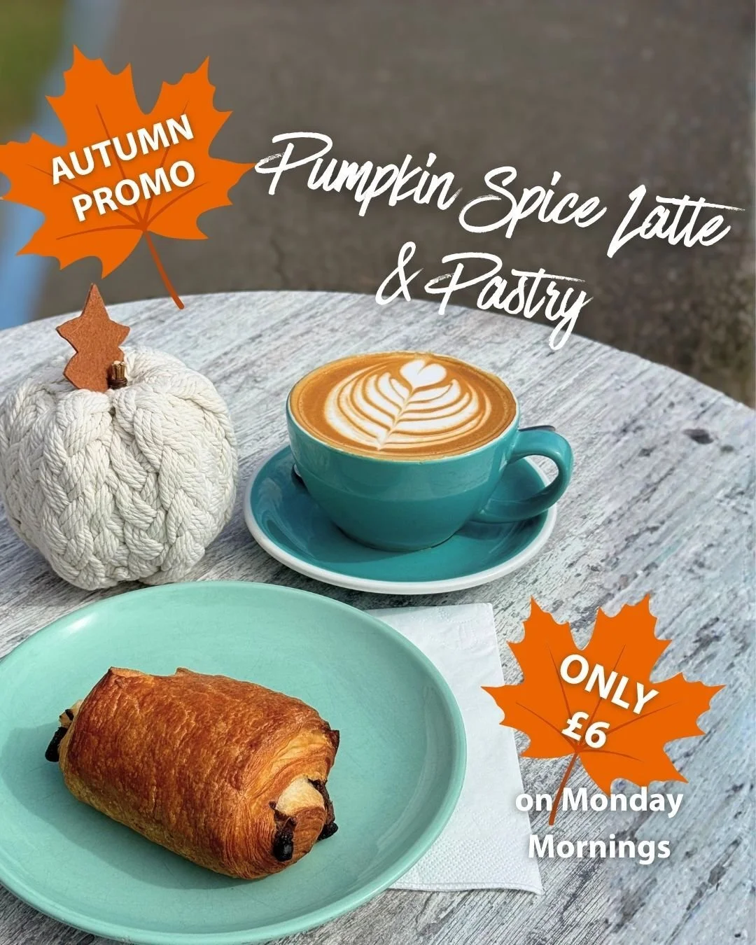 Monday mornings, but make them autumnal. 🍂

Grab a Pumpkin Spice Latte + a pastry*  for only &pound;6 🎃☕️🥐

The perfect excuse to get out of bed on a Monday. 😉 

*croissant or pain au chocolat