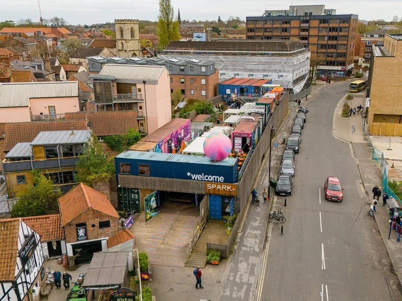 SPARK YORK community food and drink venue on Piccadilly, made of shipping containers