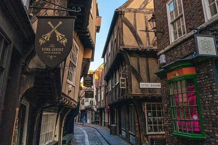 Historic street The Shambles in York with buildings that nearly touch