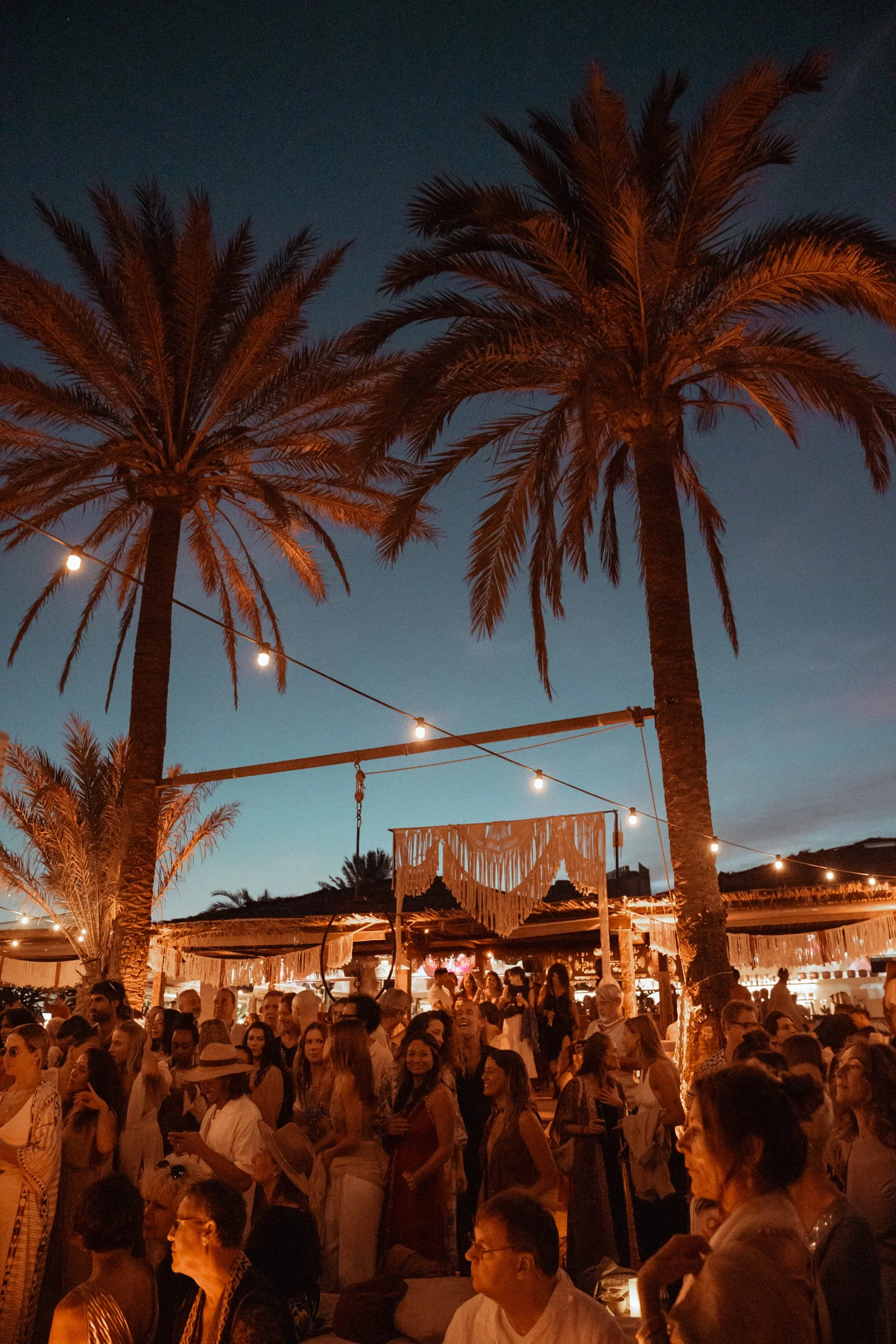 A vibrant outdoor gathering at dusk with palm trees, string lights, and numerous people socializing and enjoying the evening.