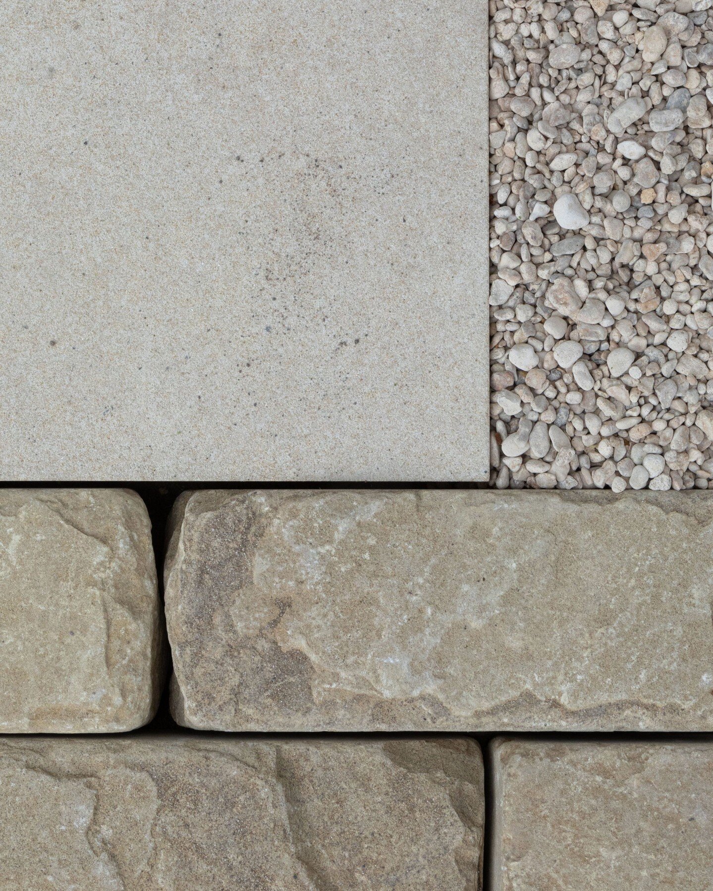 Contrasting the smooth Sawn Darley Paving with rough textured Darley Stableyard Cobbles &amp; Cotswold Pebbles for the first moodboard of April.
What's your favorite combination of textures?

Allgreen. Masters In Stone. 

#moodboard #materials #palle