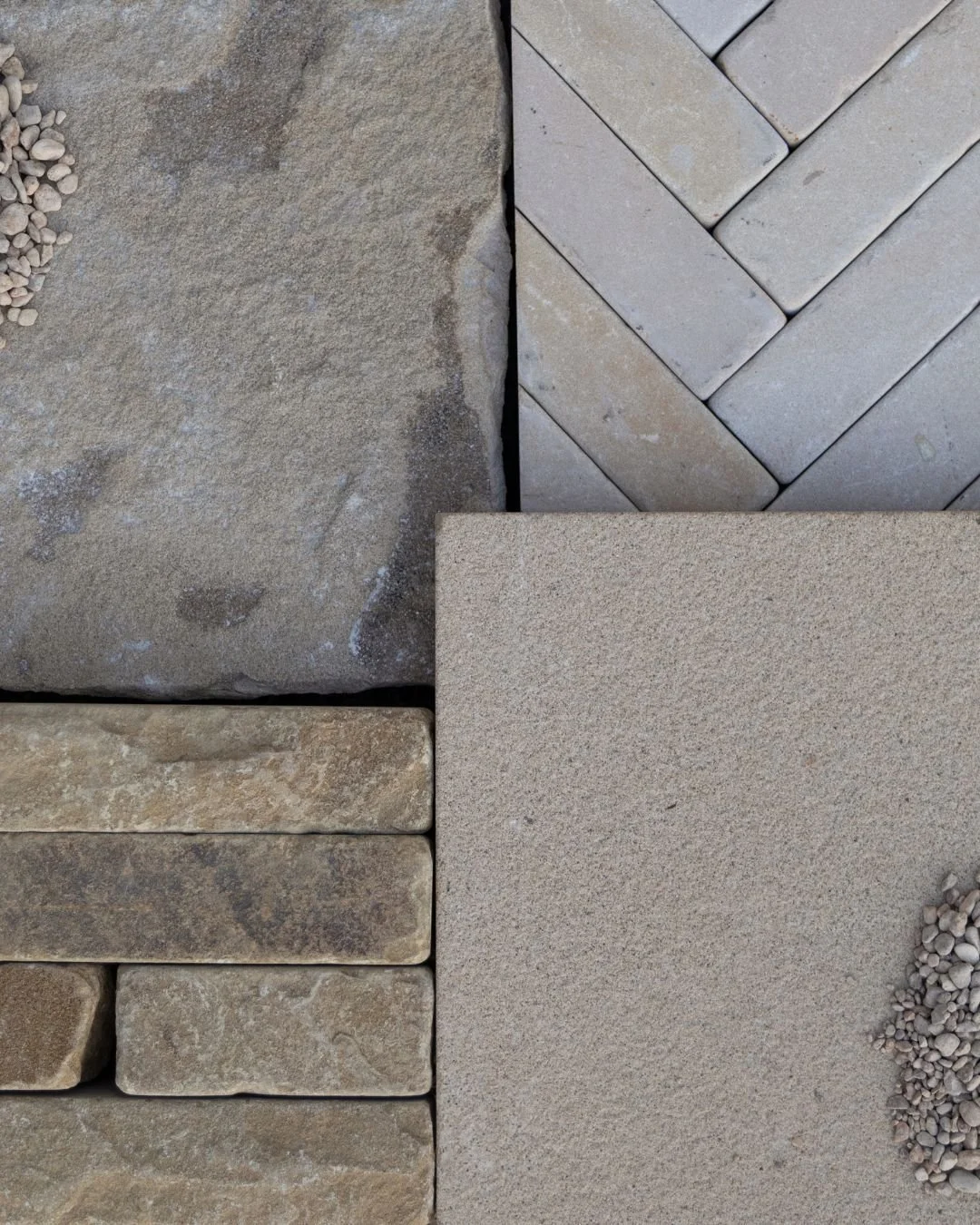 We wish you all a very happy Monday with this moodboard featuring Darley Pitchers, Blenheim Stackers, Darley Riven &amp; Etched Paving and 10mm Cotswold Pebbles. 💚 

If you're interested in ordering a sample of any of the materials in the photo, sim