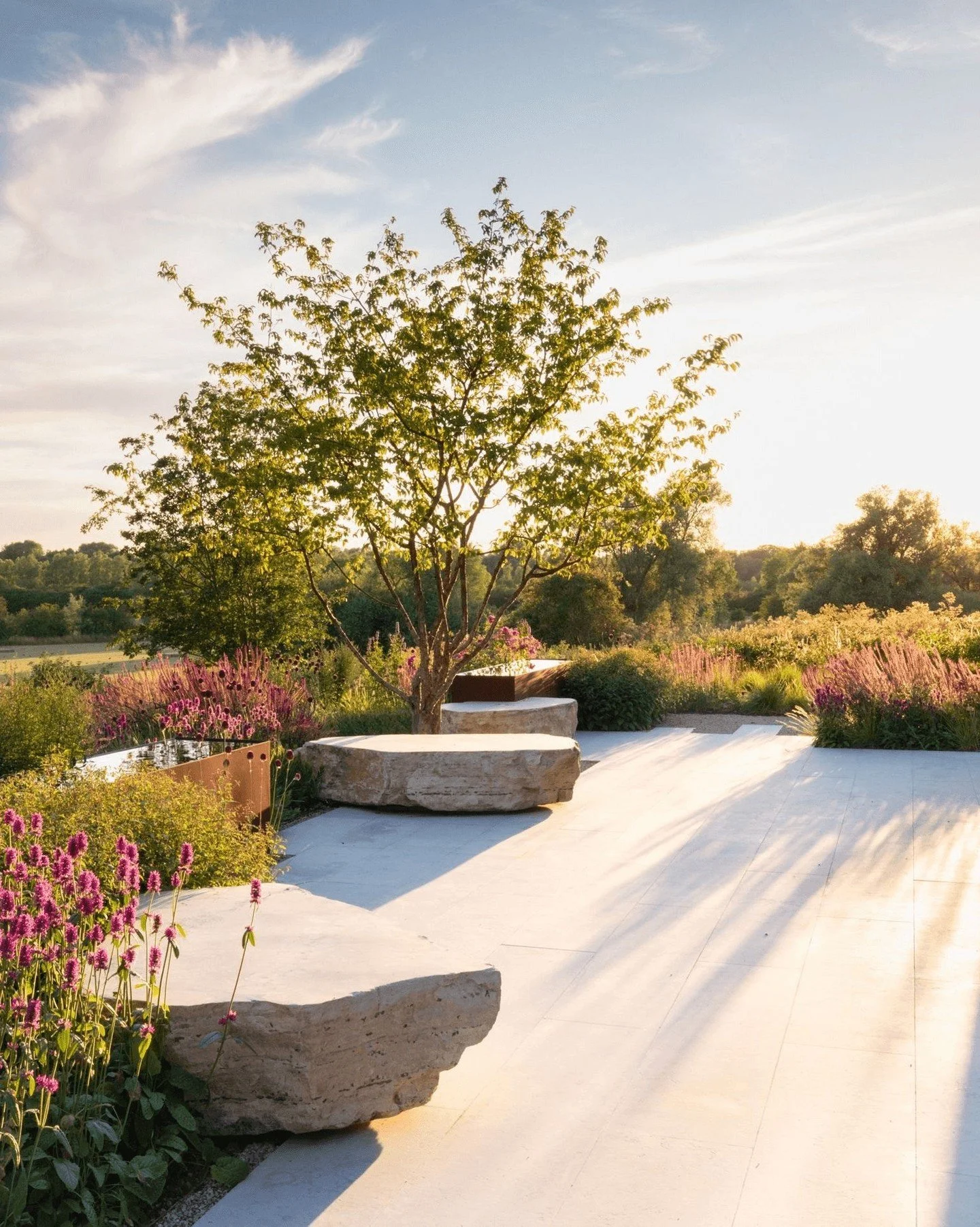 Golden hour transforms this Cambridgeshire garden as soft light highlights the Langton Feature Stones and Royal Milk Etched and Brushed Paving ✨ 

Credits: 
Garden Design and Photography: @colm_joseph
Build: @gadd_brothers

Allgreen. Masters in Stone