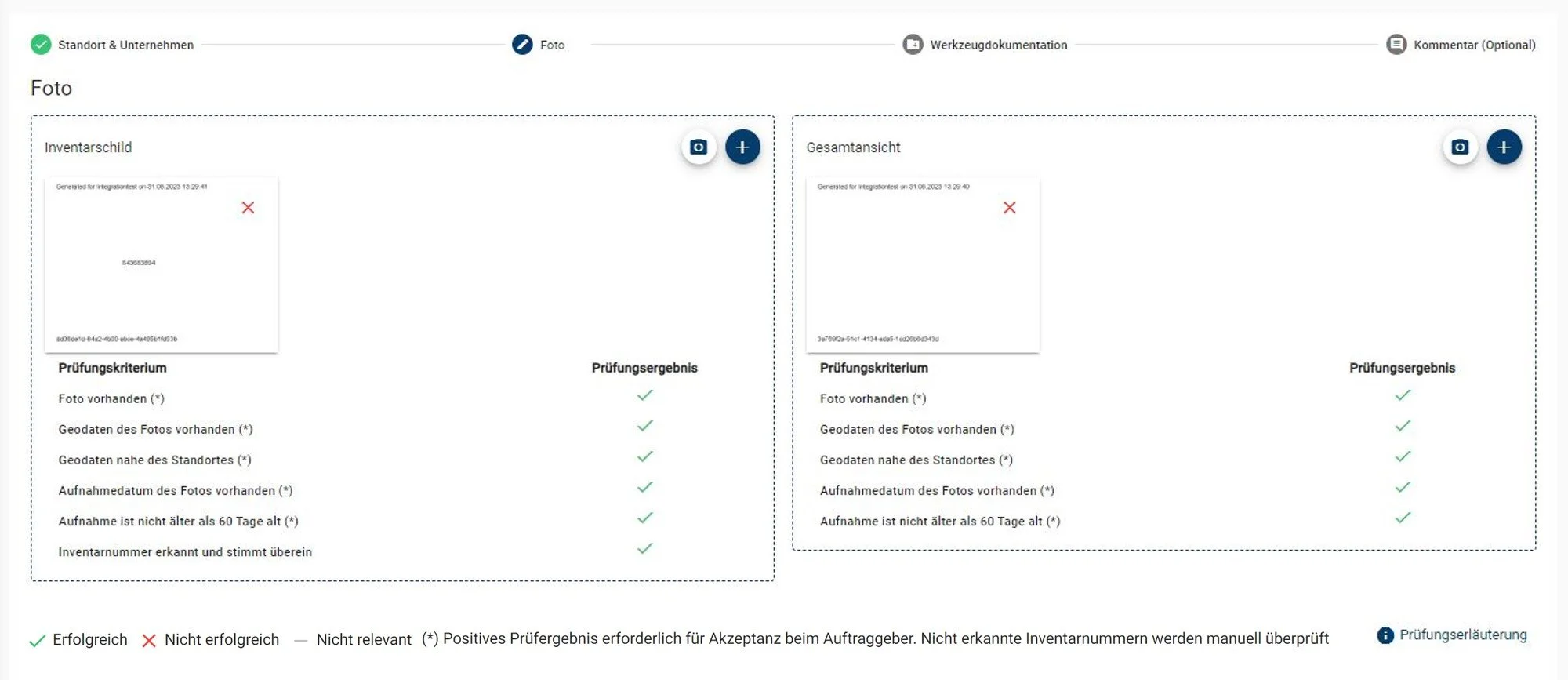 Benutzeroberfläche eines Software-Tools zur Inventarerfassung. Es enthält Abschnitte für "Inventarschild" und "Gesamtansicht" mit Daten wie Prüfungsresultaten und Prüfkriterien. Kontrollkästchen zeigen positive oder negative Ergebnisse an. Hinweis auf erfolgreiche und nicht erfolgreiche Prüfungen.