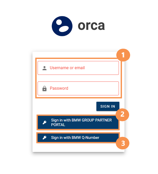 Benutzeroberfläche mit Anmeldemaske für 'orca'. Felder für Benutzername oder E-Mail und Passwort, sowie Anmeldeschaltflächen für 'Sign in with BMW GROUP PARTNER PORTAL' und 'Sign in with BMW Q-Number'.