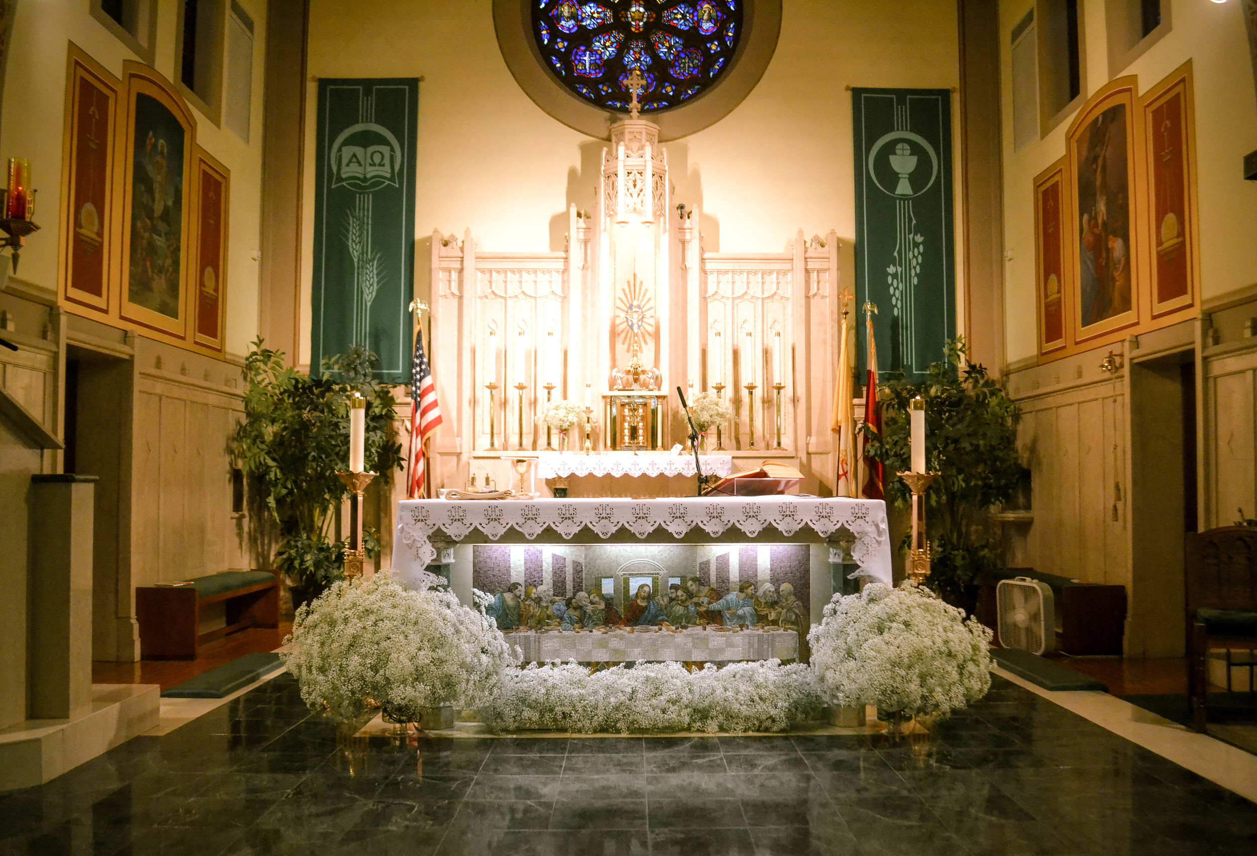 St. Cyril and Methodious Church, Greenpoint Church wedding. Baby's breath church decorations.