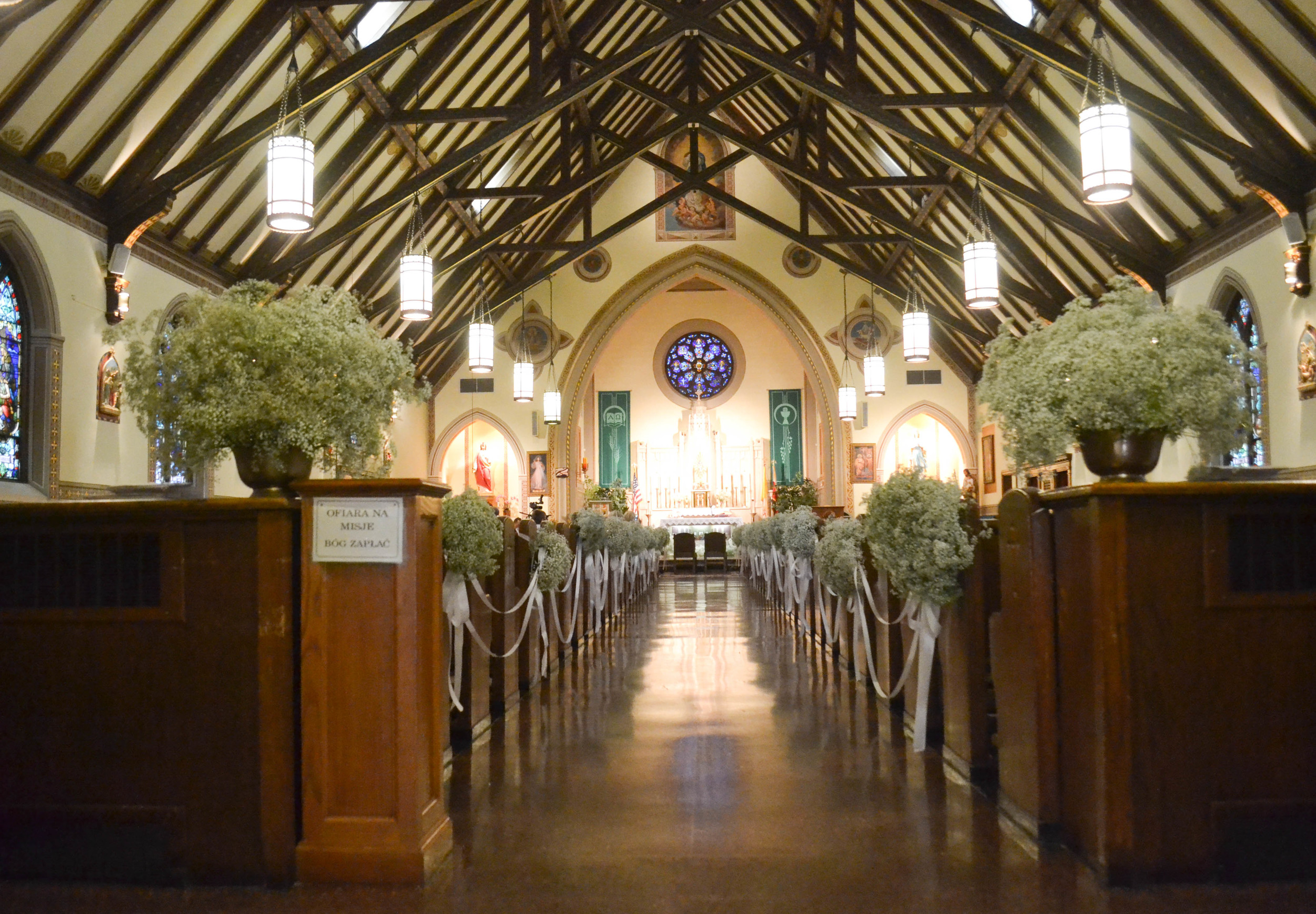 St. Cyril and Methodious Church, Greenpoint Church wedding. Baby's breath church decorations.