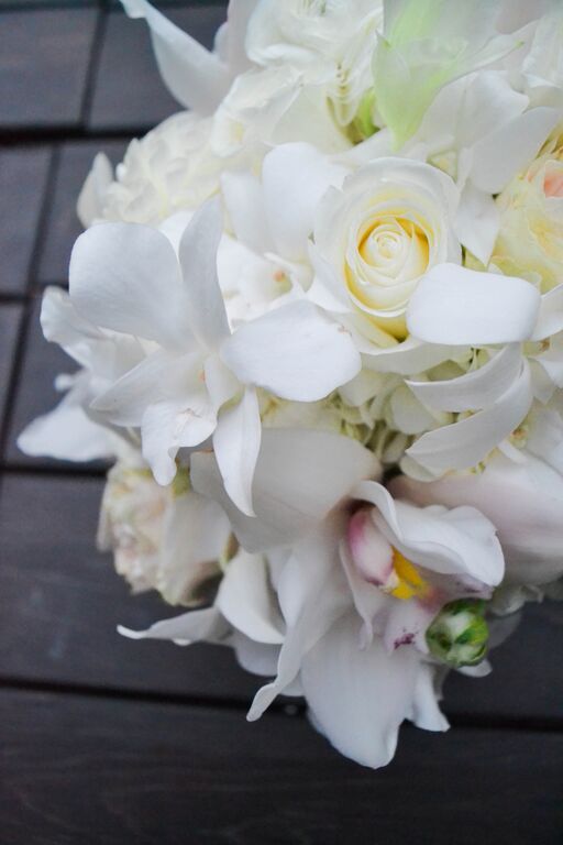 White Dendrobium orchid bridal bouquet.  Rosehip Social, Brooklyn, NY.
