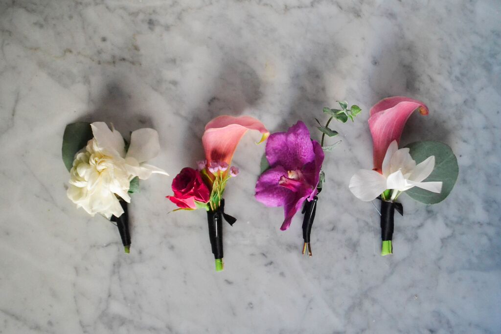 Orchid and calla lily boutineers.  Rosehip Social, Brooklyn, NY.