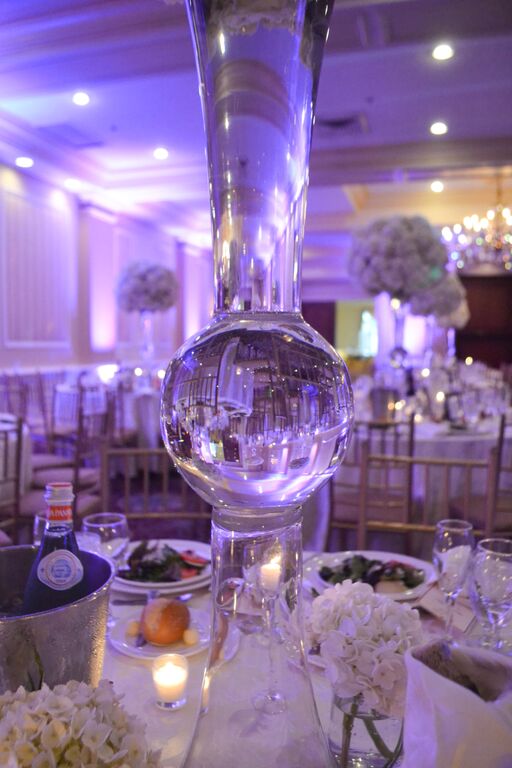 Extra large white hydrangea centerpieces in tall trumpet vases. Inn at New Hyde Park. Long Island. Rosehip Social, Brooklyn, NY.