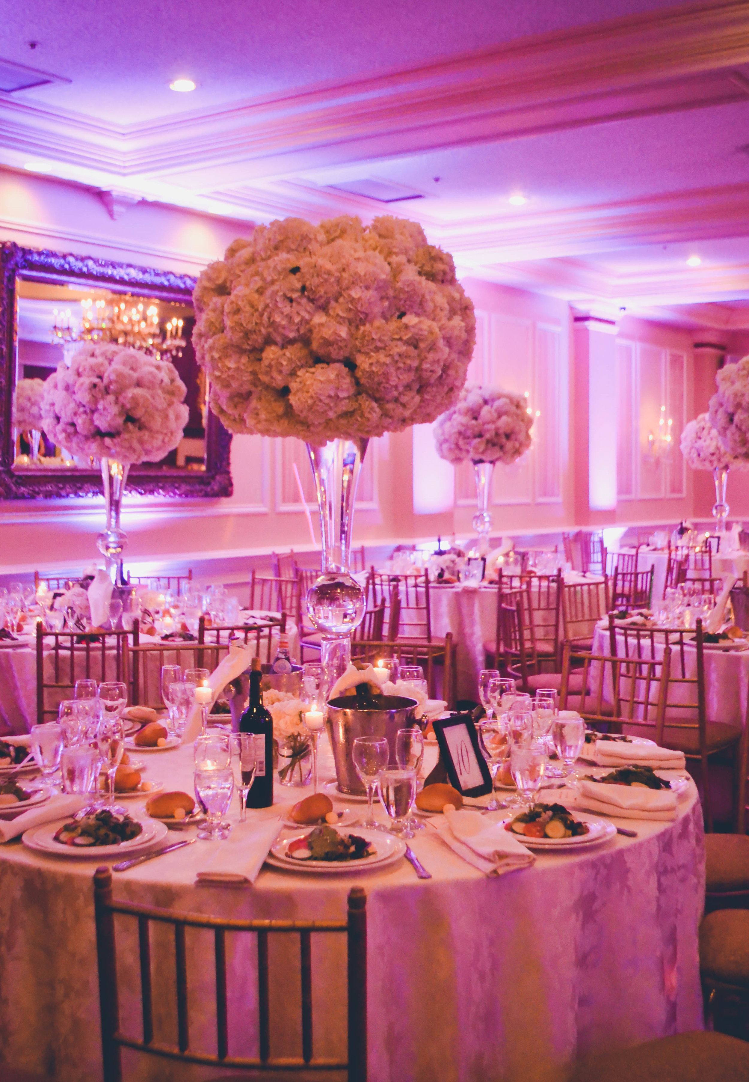 Extra large white hydrangea centerpieces in tall trumpet vases. Inn at New Hyde Park. Long Island. Rosehip Social, Brooklyn, NY.