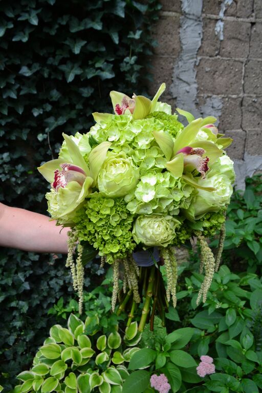 Green Cymbidium orchid and hydrangea bridal bouquet.  Rosehip Social, Brooklyn, NY.
